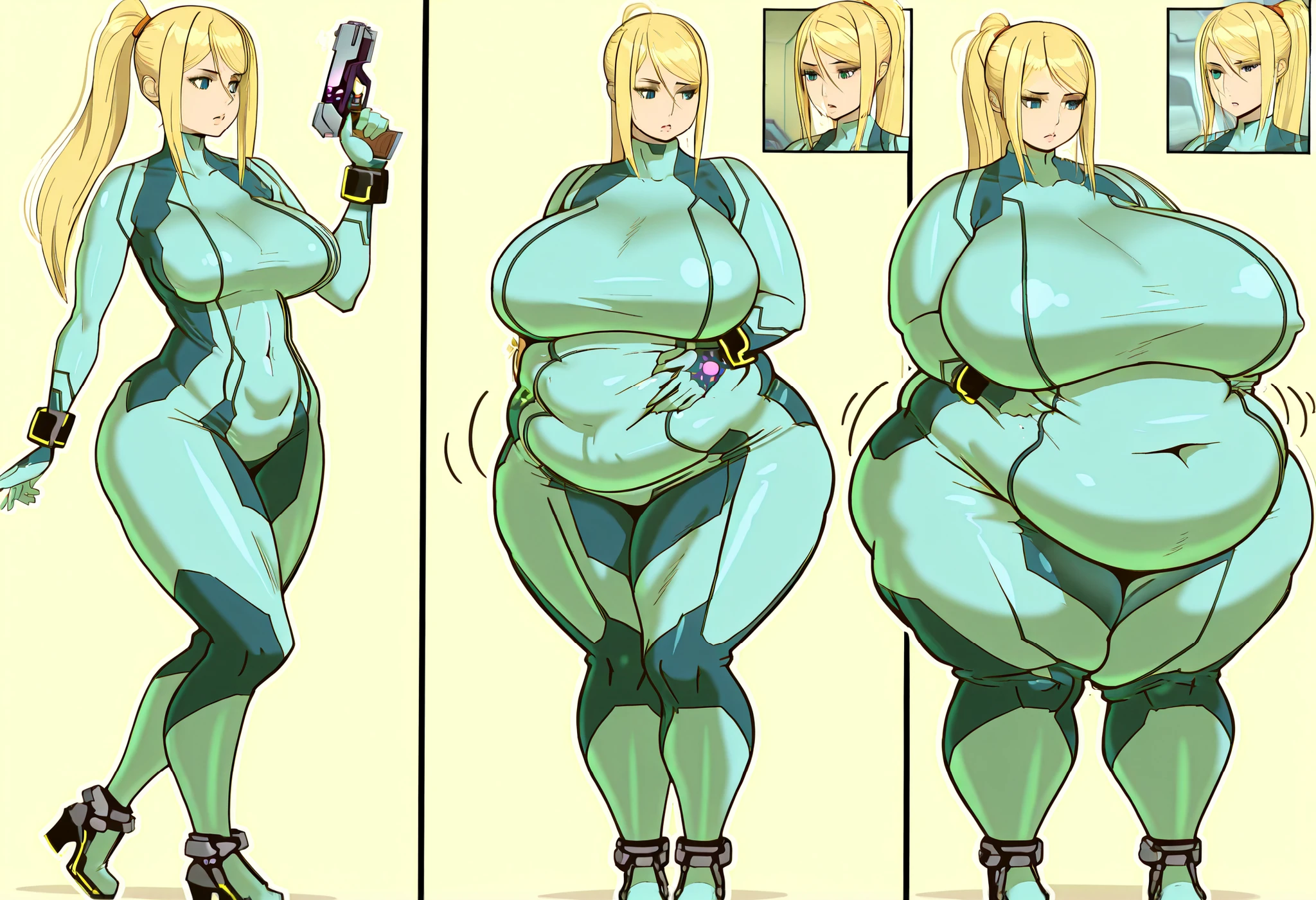 Vault-girl, vault 111 jumpsuit, 1girl, bursting breasts, breast expansion, large breasts, crossed arms, vibrant blue eyes, blushing, long blonde hair, hips expansion, ass expansion, weight gain, shes stress eating, hes worried about how large her breasts are getting and how sensitive they are,