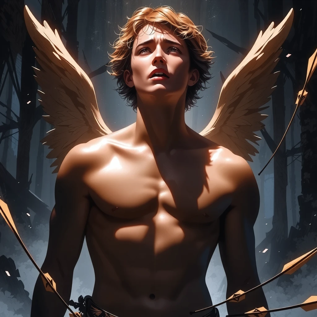 Angel man with a bow aiming his arrow forward (to the viewer) The image has to focus on what is pointing at us with its arrow, and blindfolded, with bare chest, with cold and dark colors, The foreground has to be the arrow and then the boy pointing at us