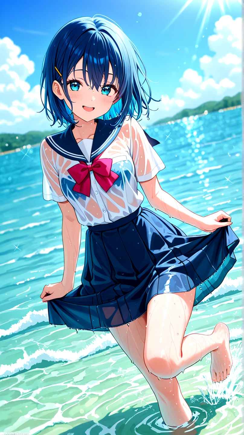 1girl, :d, artist_name, ass, bangs, bare_legs, bare_tree, barefoot, blue_eyes, blue_hair, blue_ribbon, blue_sailor_collar, blue_skirt, blue_sky, blunt_bangs, blush, bow, braid, branch, breasts, cherry_blossoms, closed_mouth, collarbone, crop_top, daisy, dango, day, eyebrows_visible_through_hair, falling_petals, feet, floating_hair, floral_background, flower, hair_bow, hair_ribbon, hanami, hand_up, holding, holding_flower, in_tree, in_water, knees_up, legs, long_hair, long_sleeves, looking_at_viewer, medium_breasts, midriff, midriff_peek, miniskirt, mole, navel, neckerchief, no_bra, no_panties, open_mouth, outdoors, parted_lips, partially_submerged, petals, petals_on_liquid, pink_flower, pleated_skirt, plum_blossoms, pond, purple_flower, ribbon, ripples, sailor_collar, sanshoku_dango, school_uniform, see-through, serafuku, shallow_water, shirt, shoes, sidelocks, silver_hair, sitting, skirt, smile, soles, solo, spring_\(season\), stomach, thighs, toenails, toes, tree, very_long_hair, water, wet, wet_clothes, white_flower, white_hair, white_shirt, wisteria
<lora:style_ATDAN:1>