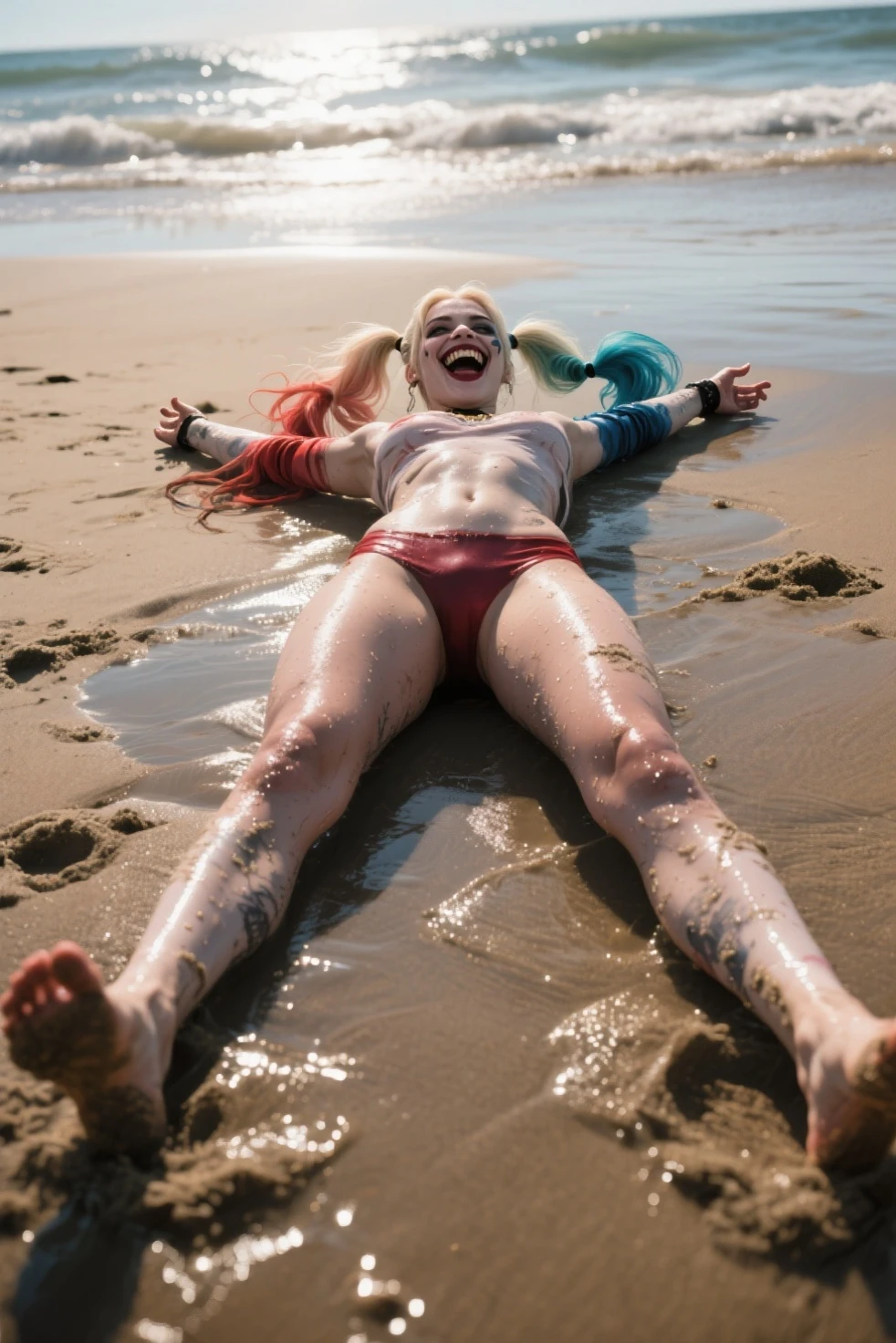 Harley Keown blue and red bikini beach ass Sitting from behind Seducing a graceful female body Bikini end Long blonde hair