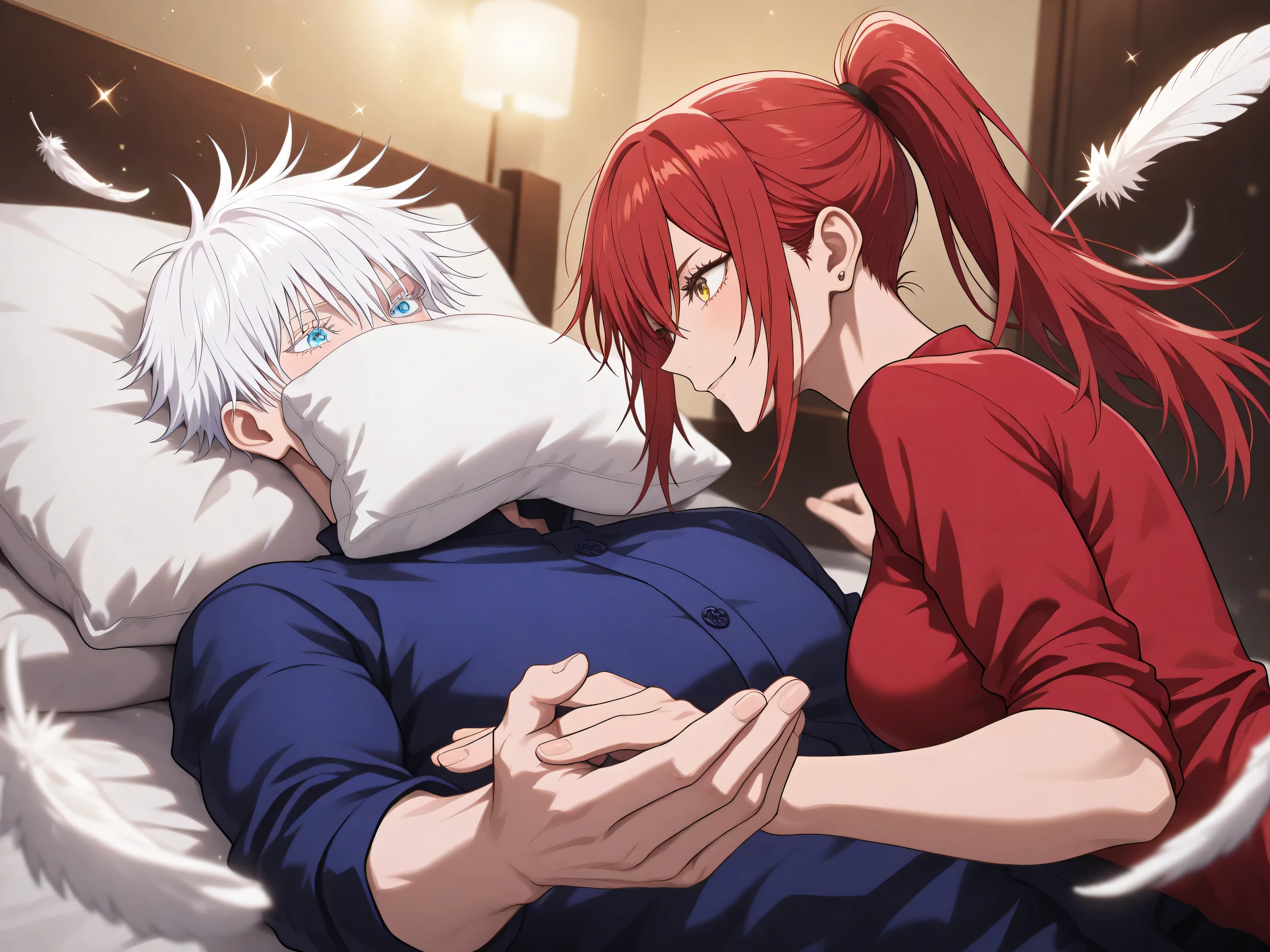masterpiece, best quality, amazing quality, absurdres, safe, glittering, sparkle, dynamic shot, full_body, anime screencap, official art, anime style, jujutsu kaisen screencap, BREAK 1man, adult, gojou satoru, jujutsu kaisen, short hair, hair between eyes, blue eyes, muscular, handsome, sexy man, mature man, white hair, cool, red pyjama BREAK 1girl, red hair, long hair, ponytail, hair between eyes, long sidelocks, hair behind ear, (golden eyes), (medium breasts), cool, confident, blue pyjama BREAK duo focus, couple, hetero, active pose, bedroom, modern bedroom, on the bed, pillow fight, pillow in hands, pillow fight against another, look at each other, dynamic pose, side view, action pose, flying feathers, pillows that are thrown, pillow in face, smile, happy, fun