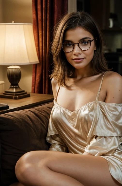 (Best quality, Ultra detailed, Golden ratio, Masterpiece:1.2), A 20-year-old Italian woman with medium-length brown hair, wearing round glasses, sits on a bed in a bedroom. She is wearing a flowing white nightgown, with soft, detailed fabric. Perfect rare face, (Highly detailed skin), photorealistic, film grain, Soft lighting bathes the room in a warm glow, (muted colors:0.8), muted warm colors, Cinematic portrait, (from below looking up:0.7), emphasize shoulders and face, [:(Sharp focus on rare face, perfect eyes:1.2):0.2], highly detailed (analog photography:1), colors hdr
