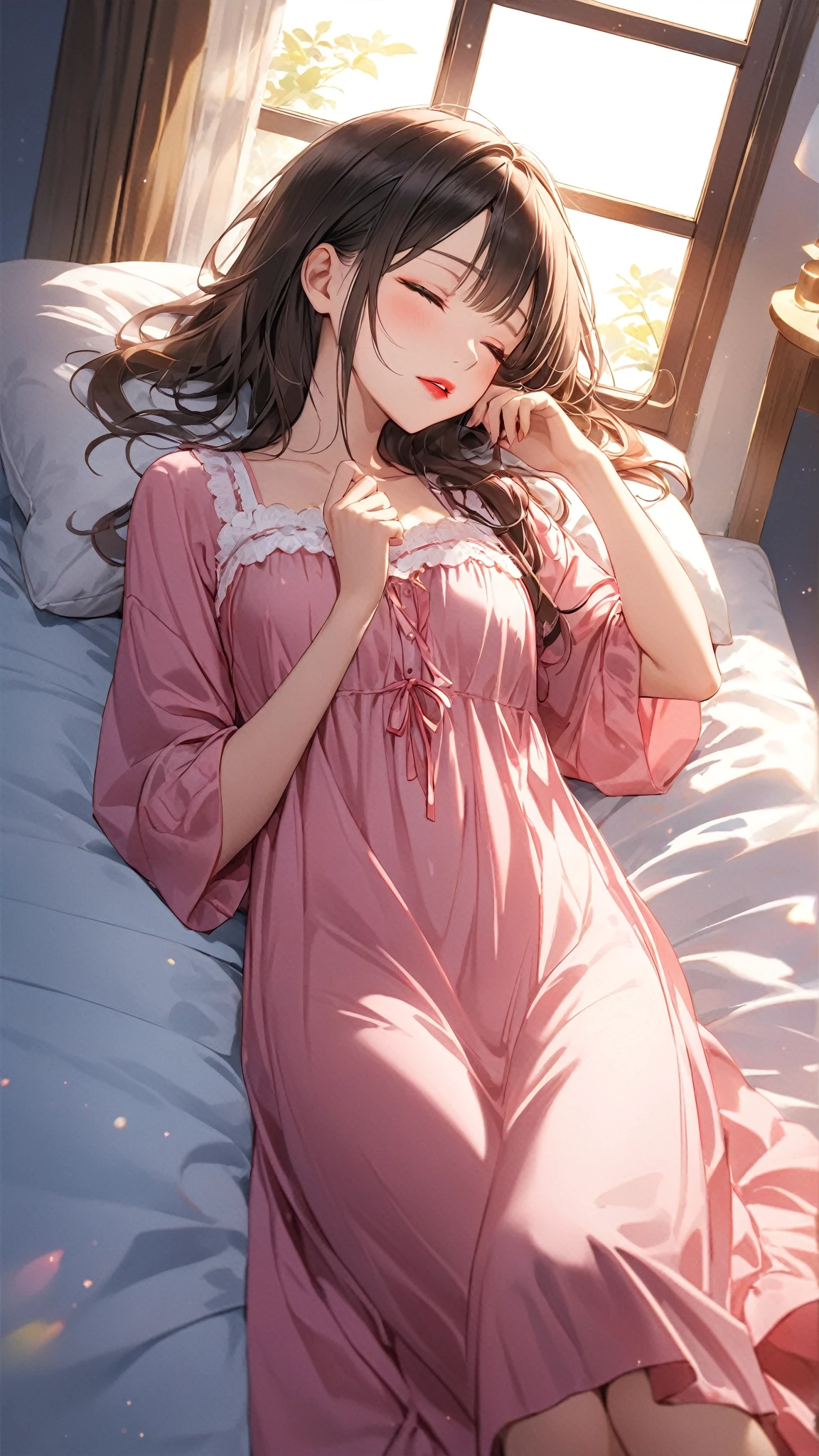 Sleeping Girl, 18 years old, Realistic, Wearing beige panties and a transparent nightgown, Open legs, Expressions of satisfaction and relief, Brown hair. Pink bed theme and some cute stuffed animals on the bed,An ultra-high picture quality,high-detail,Happened
