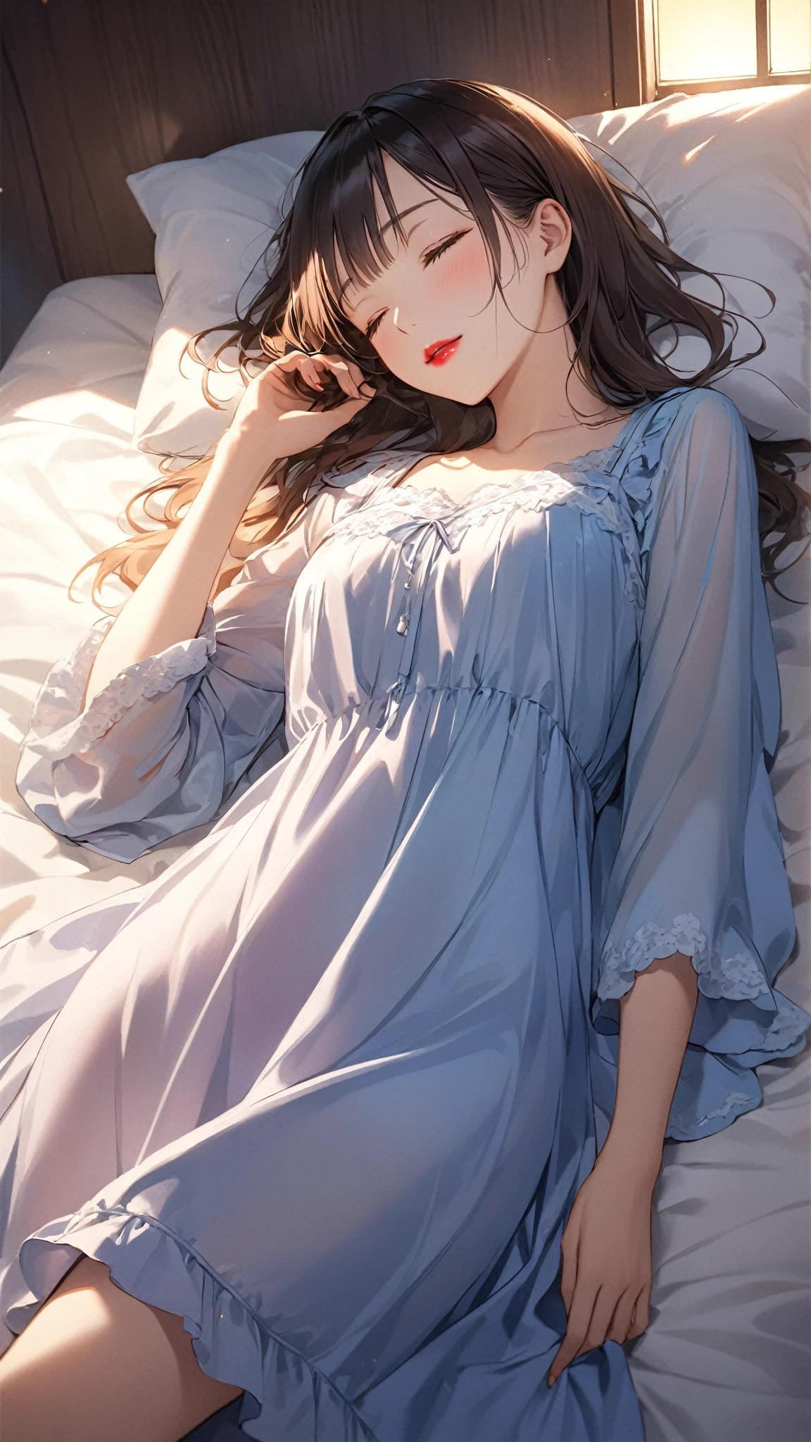 ((masterpiece)), ((best quality)), ((ultra detailed)), ((kawaii)), cute, (lovely), ((extremely detailed)), ((8K)), (beautiful), full body, luxury room, a cute girl, 1girl, solo, blue mini camisole dress,beautiful light brown hair, ((detailed beautiful brown eyes)), white-skinned, long hair, flat breast, tiny breast, garter belt,standing
