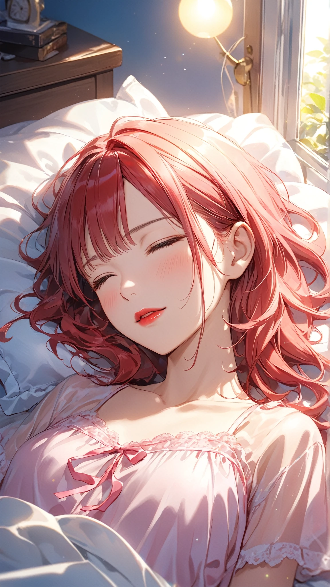 sax brook person, sax brook, (masterpiece:1.2), (highest quality:1.2), Perfect Eyes, Perfect Face, 1 girl, alone, Pink Eyes, (Medium chest), Firm breasts, red pj, Lying in bed, Attractive look, Place your hands behind your head, Side view