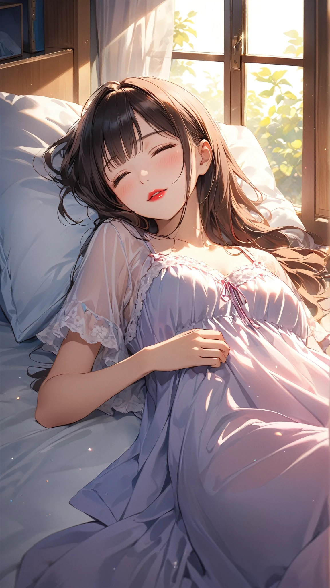 masterpiece, (bestquality), highlydetailed, ultra-detailed, light, solo, (1girl), blush, bouquet, bridal veil, brown eyes, cleavage, dress, flower, long hair, looking at viewer, lying, on back, pillow, smile, bare shoulders, barefoot, veil, wedding dress, white dress
