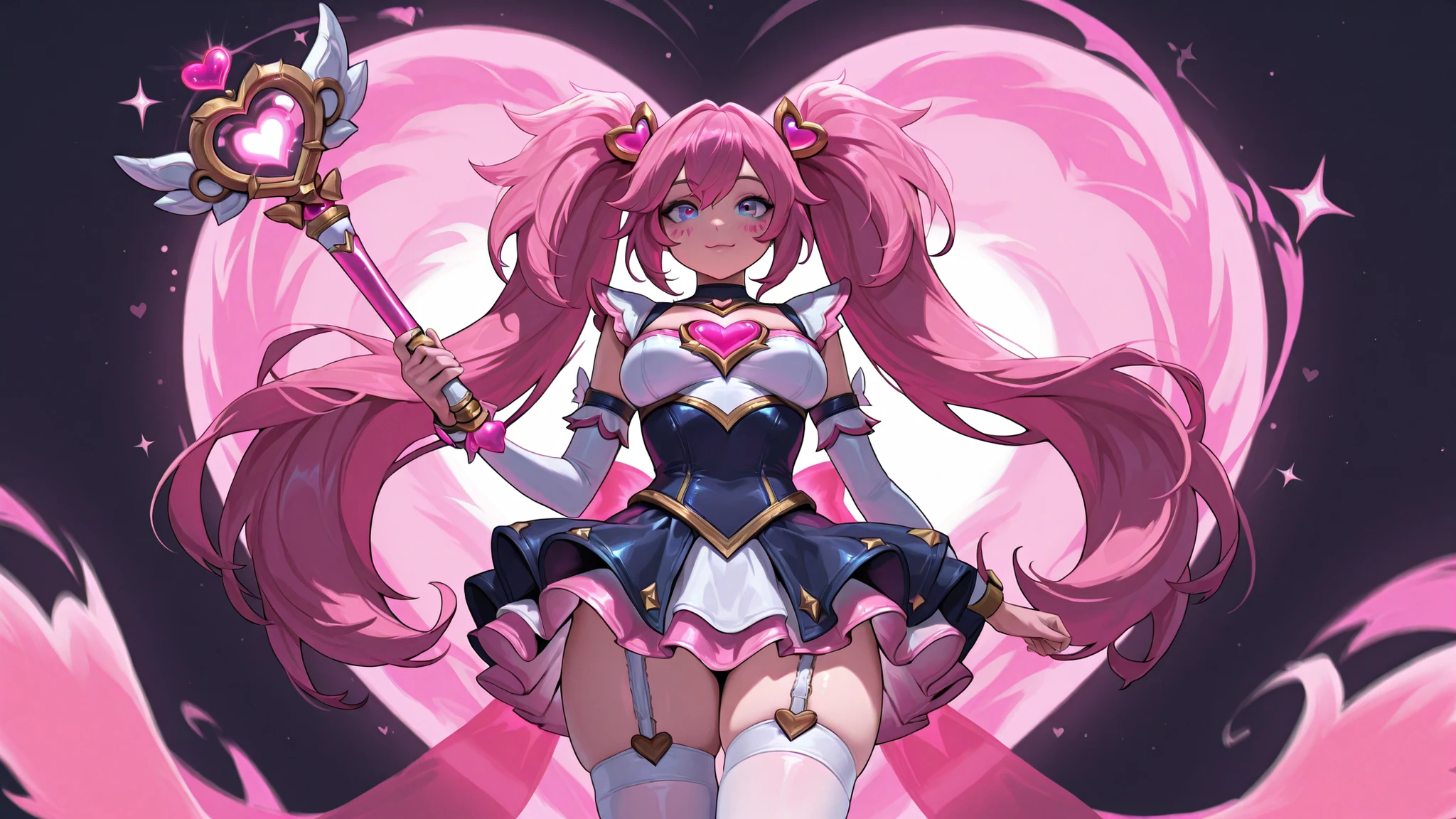 portrait of female cute adorable magical girl character from star guardians (league of legends), pink long hair, white thigh highs with garter belts, white/pink ragged skirt to her thighs, white top with her breasts showing, perfect body, beautiful, holding a heart shaped glowing magic wand, pink heart high quality background