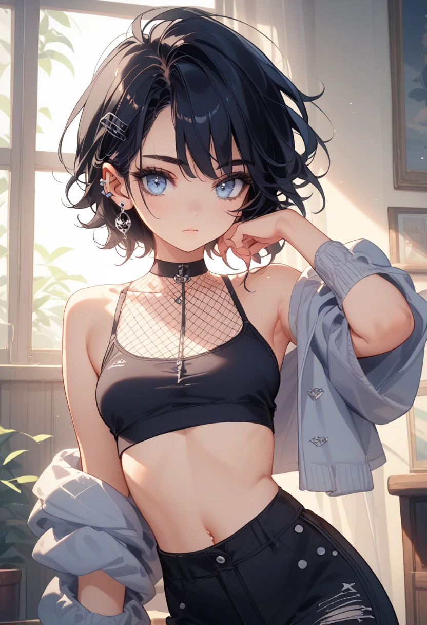 1boy, black crop top, dark brown hair, short blue jeans