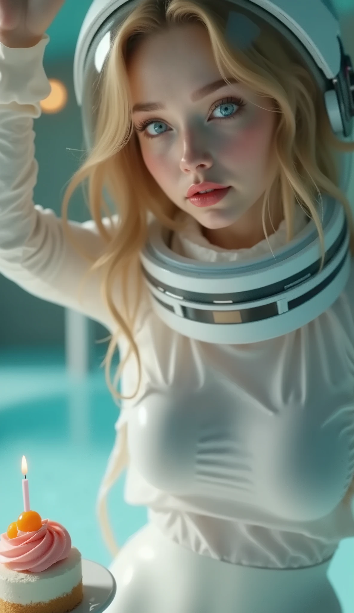 ((RAW Photo), Absurds, (Absurd Resolution)), ((Hyperrealism, Photorealistic)), ((beautiful 23 year old woman)), (poufy blonde hair, cropped, light flashes), (full astronaut suit, white fabric), (without helmet), (she looks sideways to the side), (floating colorful cake), (Photographic Perspective). «SunPuma S»