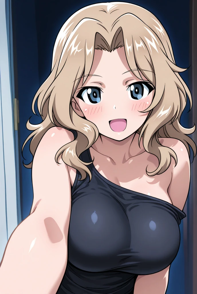 masterpiece, best quality, looking at viewer, upper body, portrait, looking at viewer, seductive smile, put your hands behind your head, armpits, armpits visible, sweaty armpits, Junko Enoshima, very large breasts, blonde hair, blue eyes , wearing white tanktop, twintail
