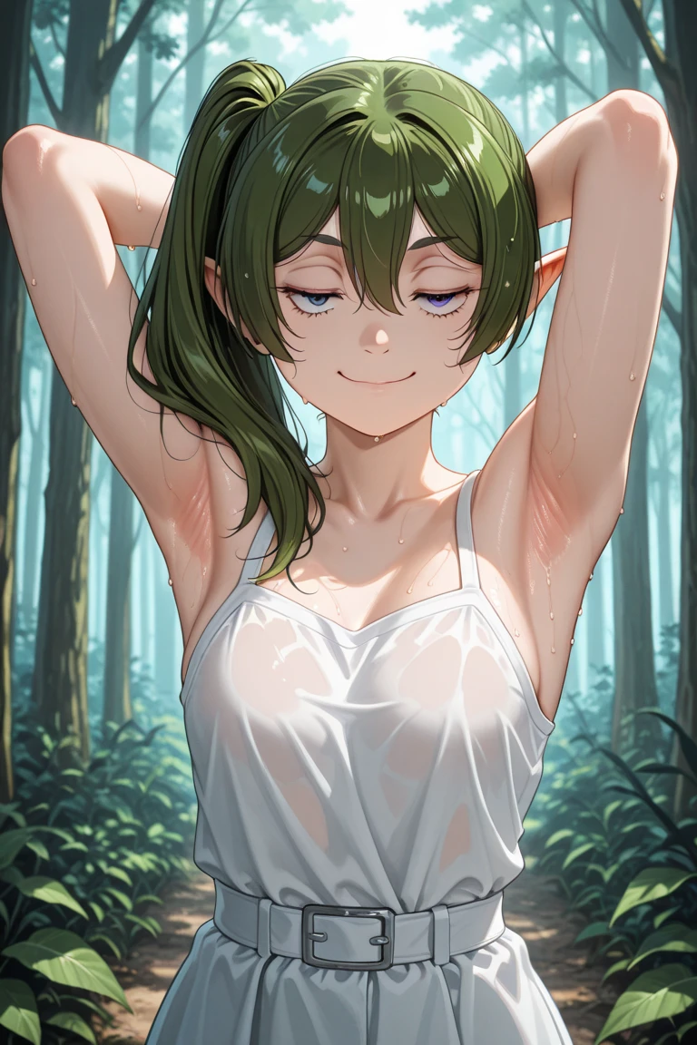 an extremely delicate and beautiful girls with her arms up,(laughing:1.2),big mouth,open mouth,tickling,happy,(frown:1.2),(pain face),crazy smile,blush,sweat,(green feathers),(her armpits tickling with green feathers),Green feathers stuck into the girl's armpits,((trembling)),tears,drooling,(((masterpiece))), (((best quality))), (official art), ((extremely detailed CG unity 8k wallpaper)), (Best character details), ((ultra-detailed)), (illustration), (dynamic angle),