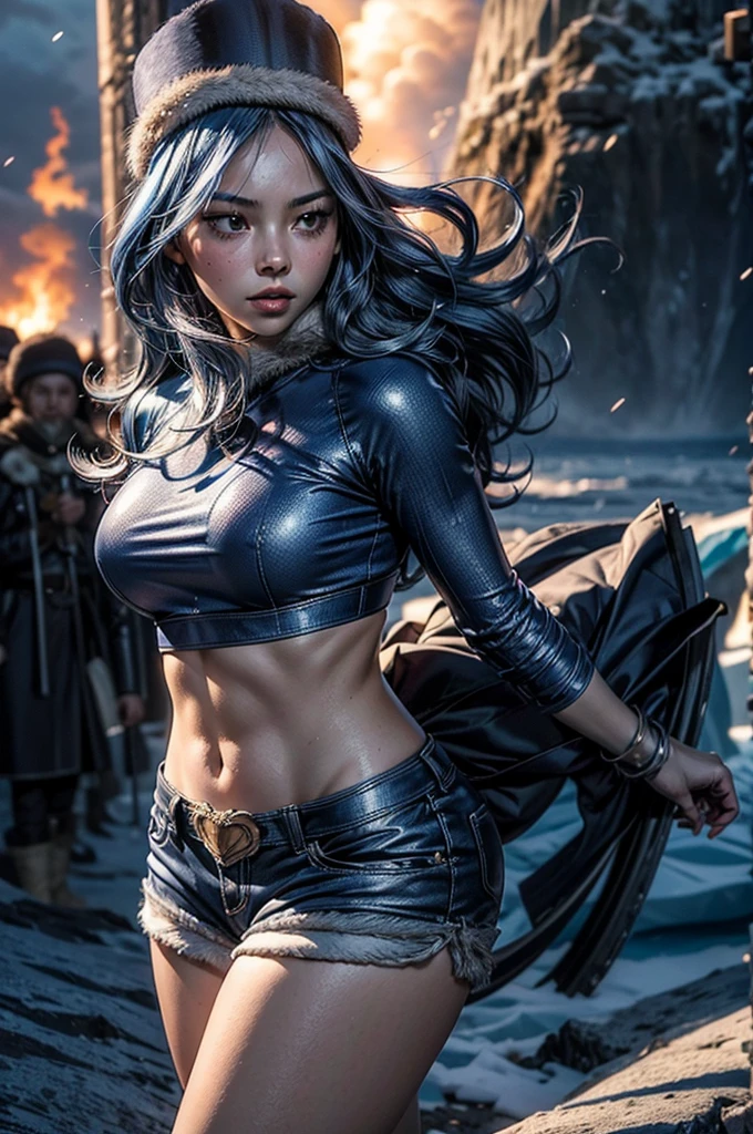 1girl, solo, masterpiece, high quality, full length, noblewoman, crop top, skirt, aasimar, fantasy, blue hair, blue eyes, midriff, perfect body, perfect face, perfect breasts, muscular, abs, tall