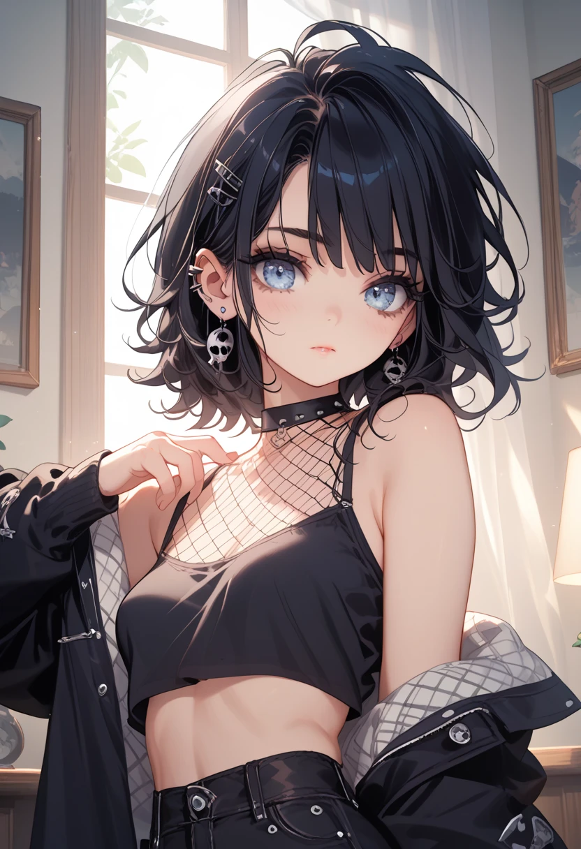 best quality, ultra precision, 1girl, cute, little girl, young, boyish, childish, big breasts, black hair, messy hair, blue eyes, beautiful eyes, girl, ecstasy, sailor collar, estrus, metestrus, start to undress, naughty mood, she loves you, lost virgin, virgin, blush, sexy, beautiful skin, big bow on chest I'm not wearing panties BLUE SWEATER, BLACK SHIRT, SHIRT UNDER SWEATER, OFF SHOULDER TOP) Tsundere