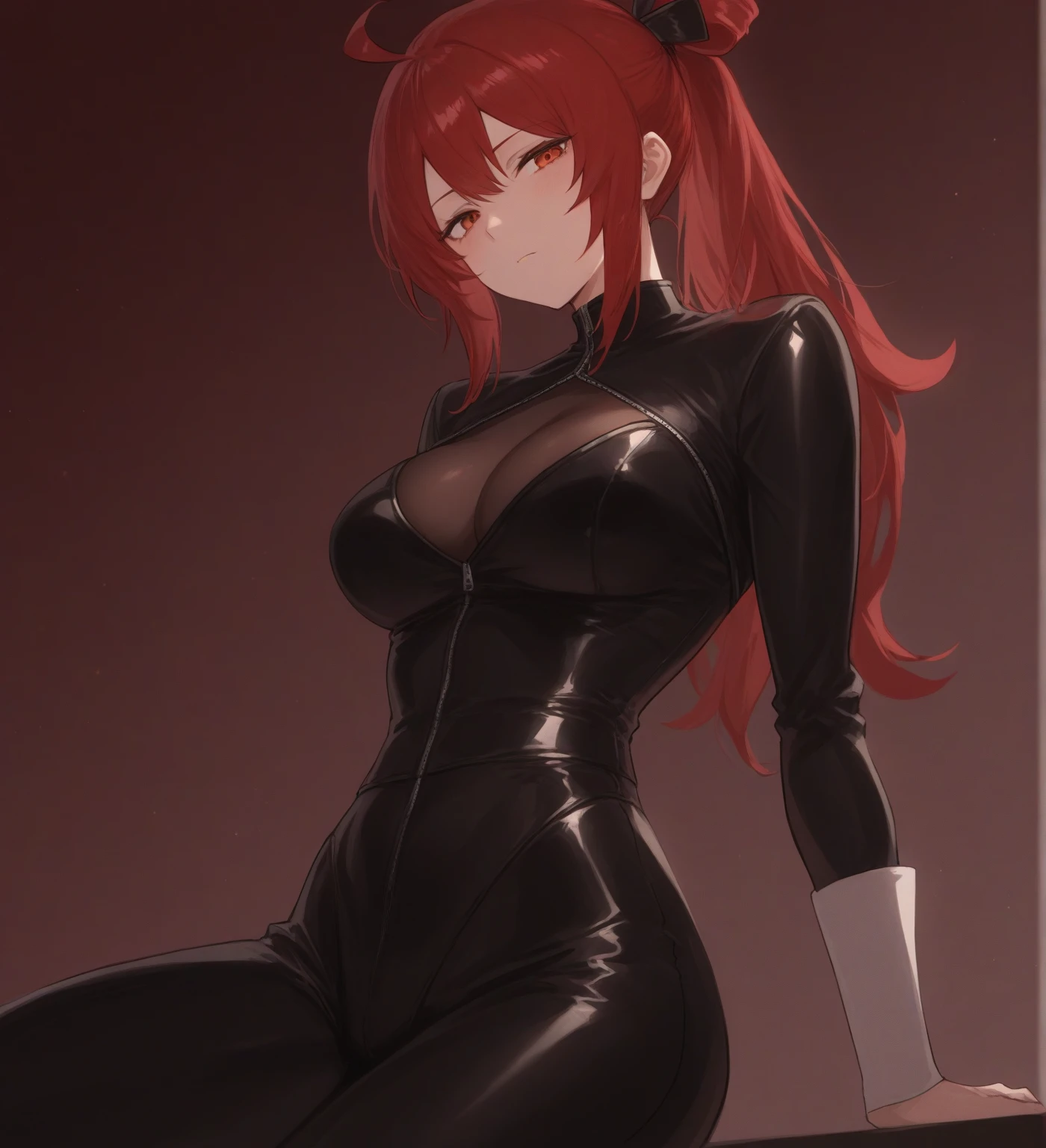 A breathtaking cat girl with stunning red hair cascading down her back, flowing gracefully over her curvaceous form. Her piercing green eyes seem to gaze directly into the viewer's soul, demanding attention. She is dressed in a form-fitting midnight black latex catsuit that hugs her curves and emphasizes her hourglass figure. The suit stretches tautly over her ample chest, accentuating her perky breasts, while the latex hugs her toned waist and accentuates her round hips. Her long, sleek legs are encased in tight-fitting latex pants that hug her thighs and accentuate her shapely calves. Her feline features are further enhanced by the addition of cat ears atop her head and a tail gracefully swaying behind her. Her painted, red, pointed nails extend elegantly from delicate hands and feet, accentuating her feline grace. The image is set against a simple, black background, allowing the focus to remain squarely on the alluring cat girl and her captivating appearance.