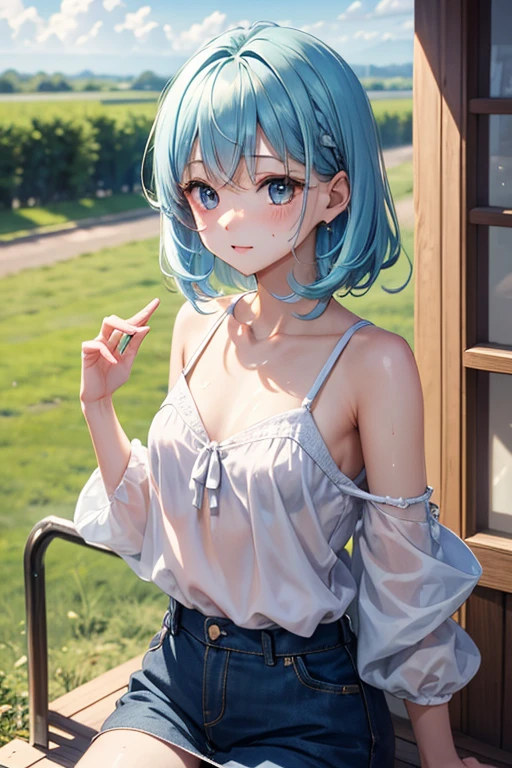 Pull up your hair and drink water　a park　Light blue tank top is see-through　The skirt pattern looks like this