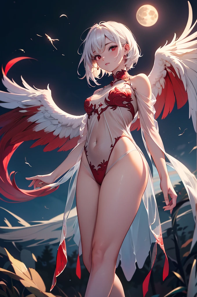 20 year old young woman( Long white hair ),(bright red eyes)<=(eyes HD lighting) (has red lips), beautiful eyebrows (badass expression) both hands have red bracelets on the arms (wears clothes made of transparent white cloth) (sexy white underwear model Garter Belt ) (has 6 large wings with a beautiful bright green color) (He wears gold bracelets on both feet) (sky setting at sunset) (there is an effect of bright red particles flying in the background, (flying) (pose during serious fighting) <=(lunging forward)giving an elegant and epic impression.dark atmosphere with bright particle light(many effects in background)