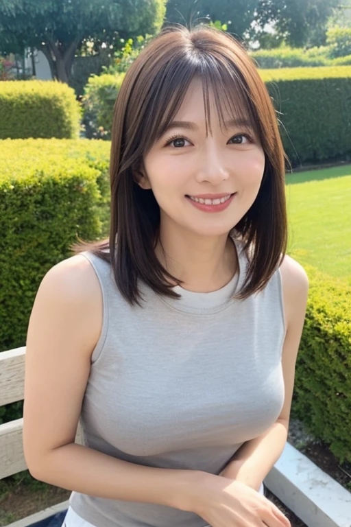 (8K、RAW Photos、Highest quality、masterpiece:1.2)、(Realistic、Realistic)、1 girl、((White high-leg dress swimsuit:1.5、With pubic hair、Large Breasts、Full body from the front、Standing with hands behind back、、Lots of eyelashes、Glowing eyelids、skeletally correct、smile、This photo will awaken boys to sex