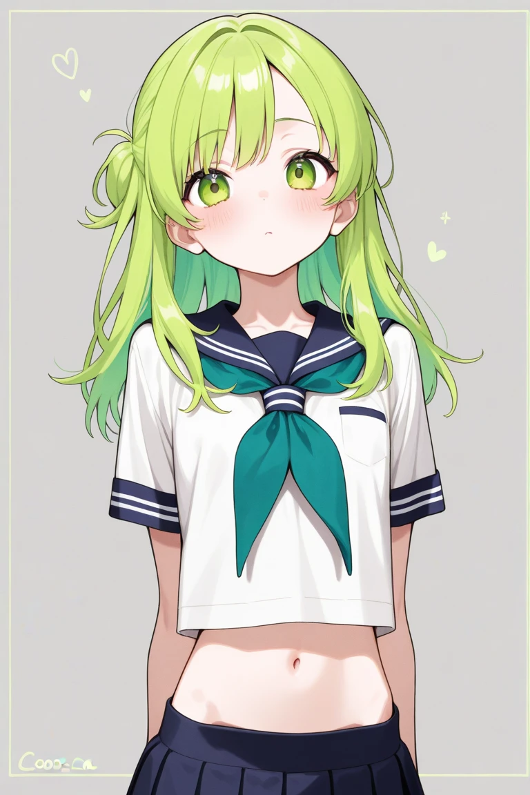 masterpiece, best quality, ultra-high-detailed, nipple cutout, nipples , 1girl, Sonozaki Shion, green hair, green eyes, long hair, yellow ribbon, white shirt, blue necktie, blue skirt, black kneehighs,