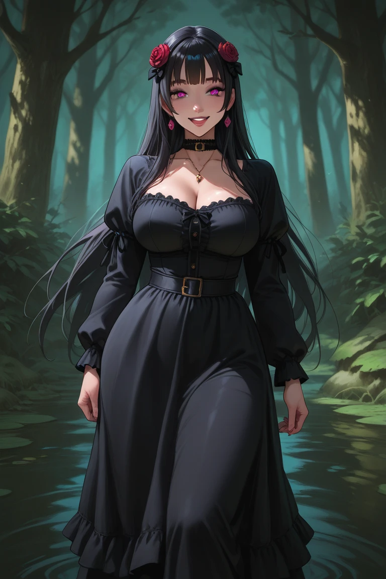 masterpiece, highest quality, Ultra-high resolution, Super detailed, Adult female, Height: 170cm, mature, Age: Around 20 years old, Black Hair, long hair with curled ends, Sapphire blue eyes, Above average breasts, Wide Hips , 1 female, alone, takeda hiromitsu style, smile, Smile, Wearing a formal black dress, Black dress with gold trim, beautiful, forest, wood, Very excited look, Medium height, Noble