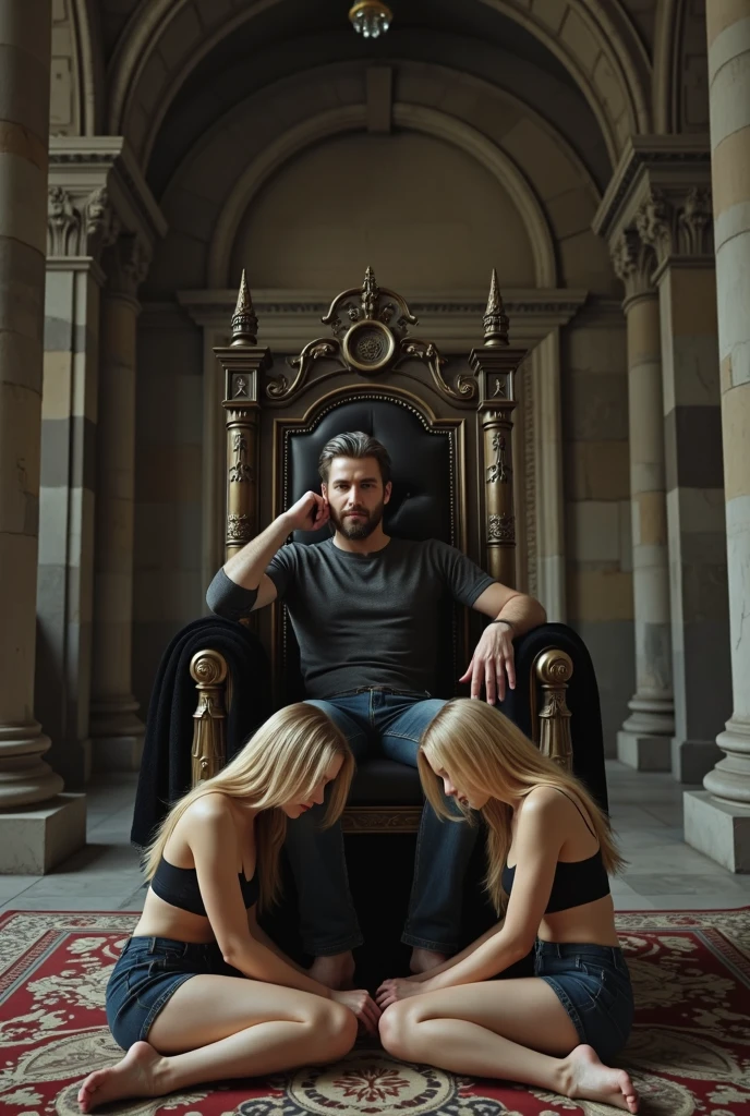 (photorealism:1.2) One large pink harem room, in which acvery skinny (((super ugly))) teenage man wearing only "underwear" with a long untrimmed beard sitting on a pink throne, he is moaning with sexual excitement and extreme pleasure, surrounded by many beautiful sexy 16-year-old blonde and redhead straight hair naked girls on their knees looking at him. The boy has his hands on his cheeks while moaning with extreme pleasure and leaning back on the throne with extended legs. Four of the girls are kissing and caressing the man.
View: The imagine is seen from the entrance of the room some feet away, with over the shoulder perspective photo,
high resolution, masterpiece, best quality, intricate details, highly detailed, Hiperrealistic