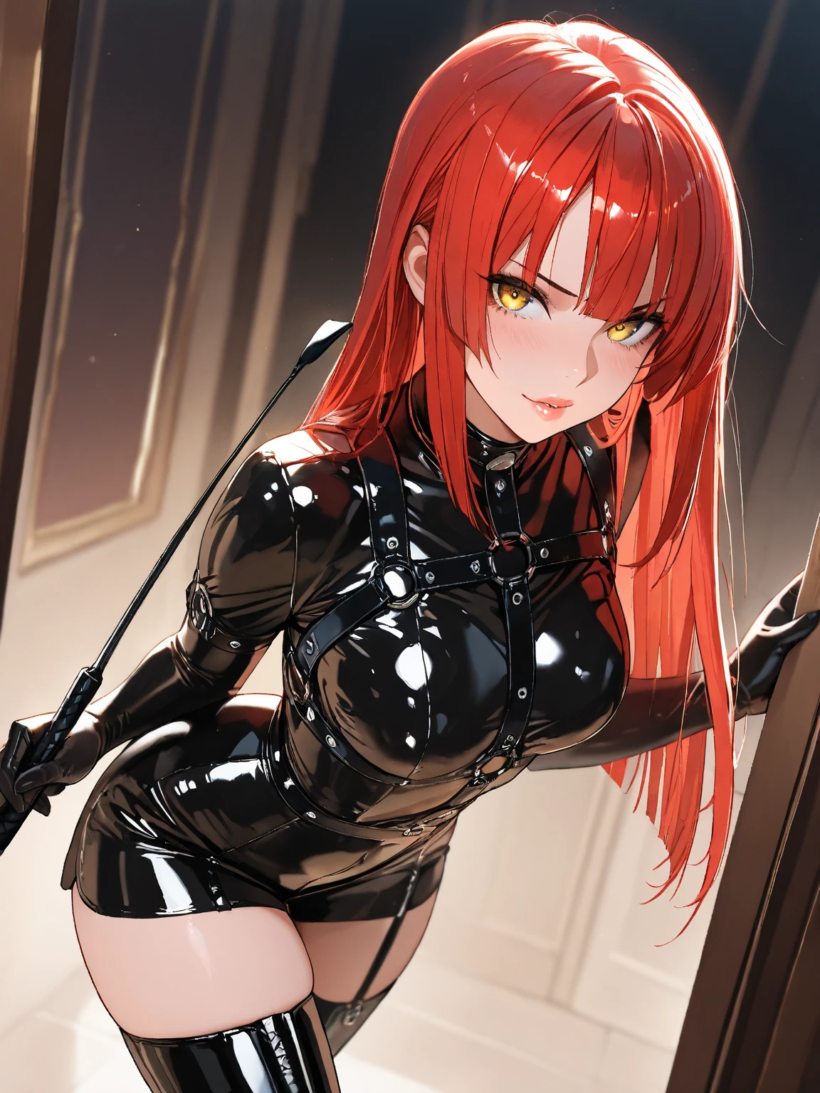 best quality, 1girl, long hair, dark red hair, blue eyes, black tactical spandex suit