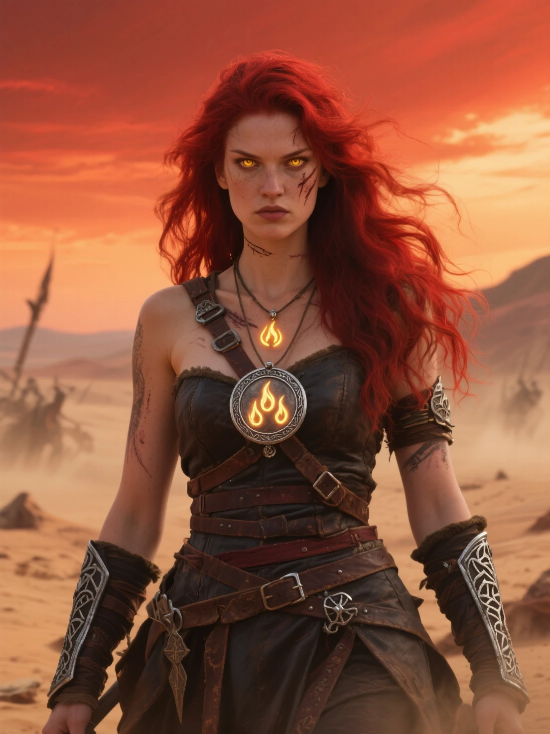 Berserker, barbarian woman(Scarlet Johansson),  Arte de Fantasia, of his gaze alone enemies beginning to panic, one head, devilish smile, besta do inferno, demonio, White Fire Sky, guerreira, com foice e escudo, Linda, Mulheres, Werelion, Long red braided hair, olhos dourados brilhantes, realista, altamente detalhados, Motor irreal, 8k de luxo