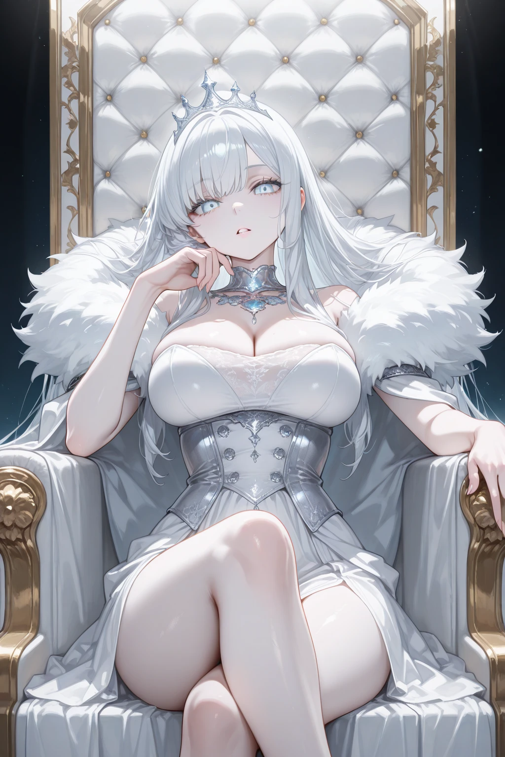 1female, Dominant, woman,Queen, Empress, largest breast,Official art, long hair, Looking at viewer, teasing,Sitting on throne, ornate throne, royal throne, royalty, mommy, motherly, soft smile , highly detailed background, long hair, detailed eyelashes, royal dress, white blue dress, revealing dress, crown, jewelry,full body, white hair, blue eyes, Big crown, giant crown, adult, royalty, white dress, regal, palace, sweet smile, detailed crown, nsfw,