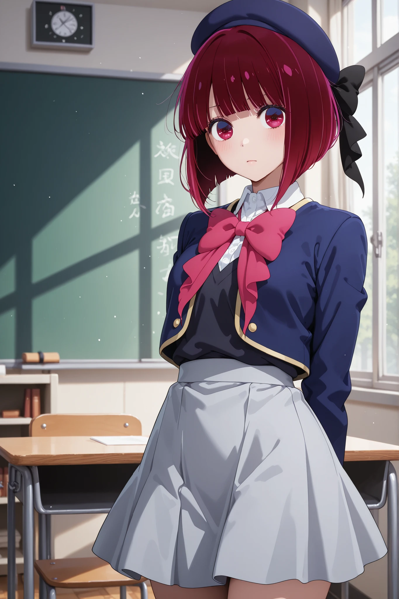 1girl, arima kana, idol, blue jacket, jacket, hat, youtou high school uniform, shirt, bob cut, hat ribbon, bowtie, blunt bangs, collared shirt, inverted bob, ribbon, medium hair, pink ribbon, school uniform, closed mouth, beret, grey skirt, idol clothes, short hair, vest, hat bow, bow, standing, school, classroom, looking at viewer, attractive, cute, pretty, best quality, masterpiece, ultra detailed, very aesthetic