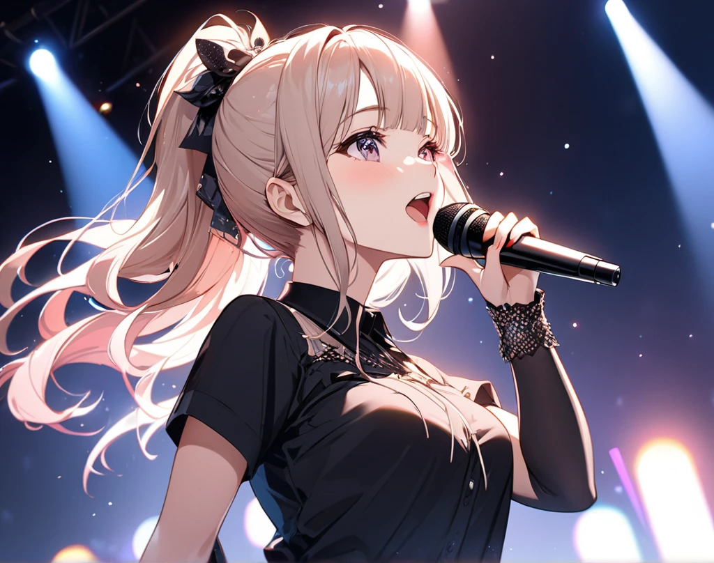 beautiful girl、Lively look、Man wins、cool、boyish、enthusiastic singing、Slender and delicate、small 、cool girl、live house、Live Scene、band vocalist、High Layered Bob、Cream-colored hair with a slight pink tint、Black clothing、rock band、casual fashion、boyishなファッション、Oversized Fashion、