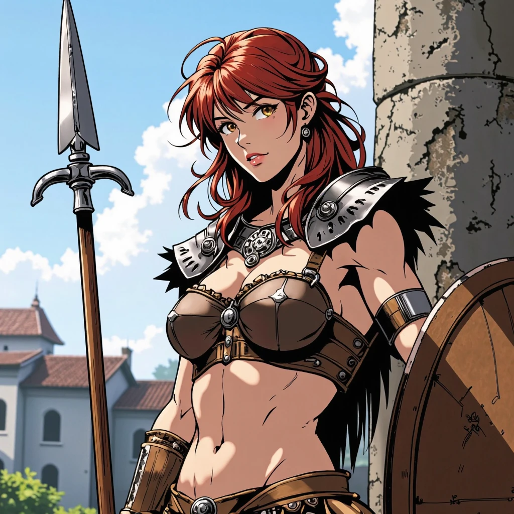 ((close up, a woman sitting on a campifire, snow, castle ruins, bad weather, with a sword)),beautiful eyes, beautiful girl, high detail skin, high detail eyes, high detail hair, highres, ultra detailed, sharpen picture, Highly detailed, masterpiece, best quality, photorealistic,
 <lora:MireilleLoRA:0.9> 1girl, long hair, ponytail, midriff, arm guards, braids, breastplate, belt, armor, pauldrons, boots, holding sword on hilt, holding shield