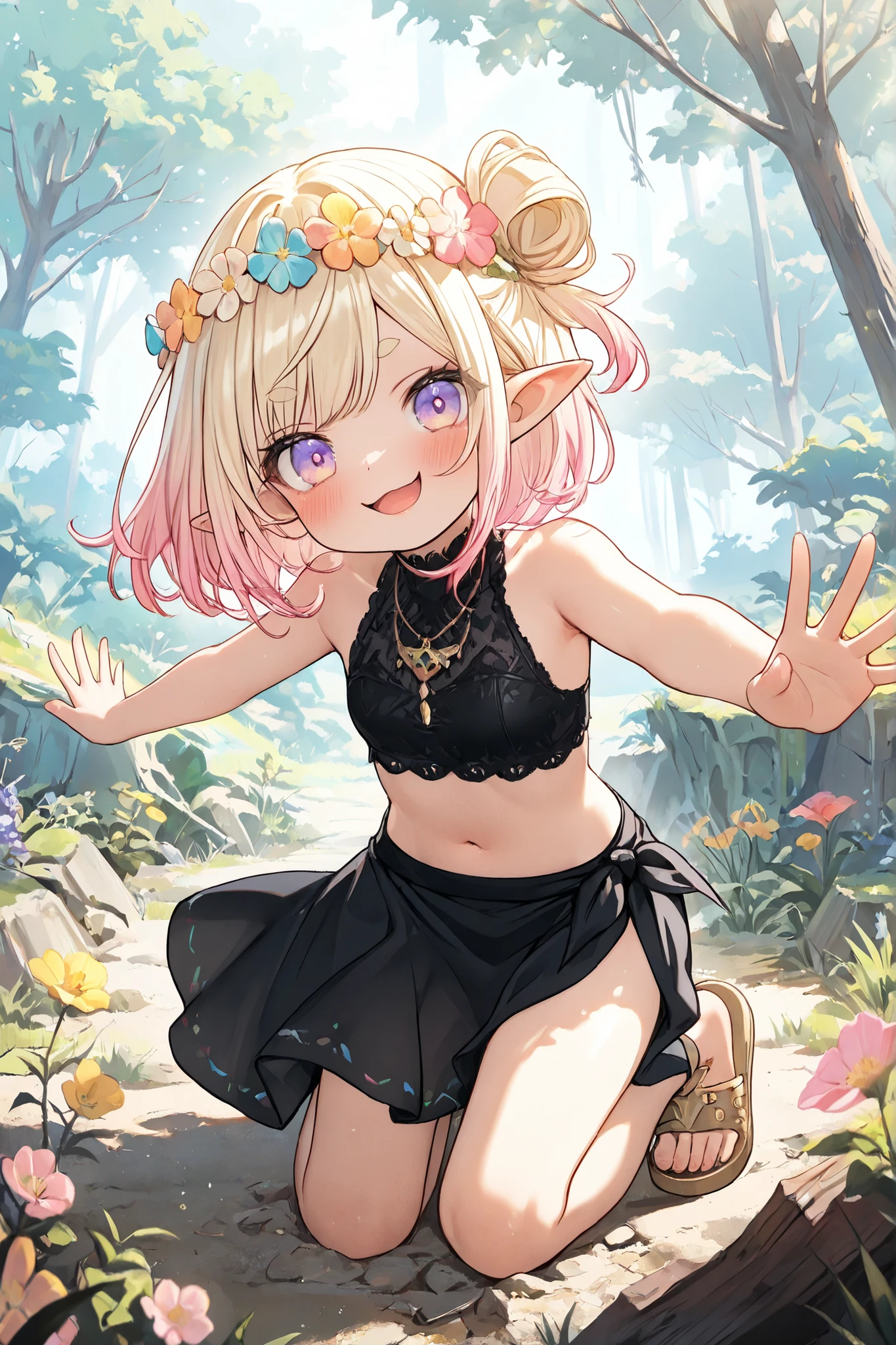 ((Masterpiece)), ((best quality, very aesthetic, absurdres, newest)), (wide shot), (8K), (cinematic lighting), ((1girl)), (cute young girl), (Healthy body, Textured skin, small breast, tilt head), elf ears, Glossy unruly hair, (beautiful blond hair, gradient hair, Pastel colors Hair Tip), (loose swept bangs, side bun), (put on noble head wreath), BREAK, big eyes, (cute cheeks), glossy lips, pouty lips, (lower eyelashes), ((Thin and short eyebrows)), (pale purple eyes, gradient eyes), colorful eyes, (smirk, blush), open mouth, (Black Embroidered Tribal black tubetop, medium sarong skirt), Cheesy sandals, bare arms, (spread arms), (colorful:1.2), (loose kneeling the Ruins with flowers and vegetation, Tranquil Place, rotten wood), outdoor, sultry, Beautiful landscape, wind blow, Scattered rubbles,