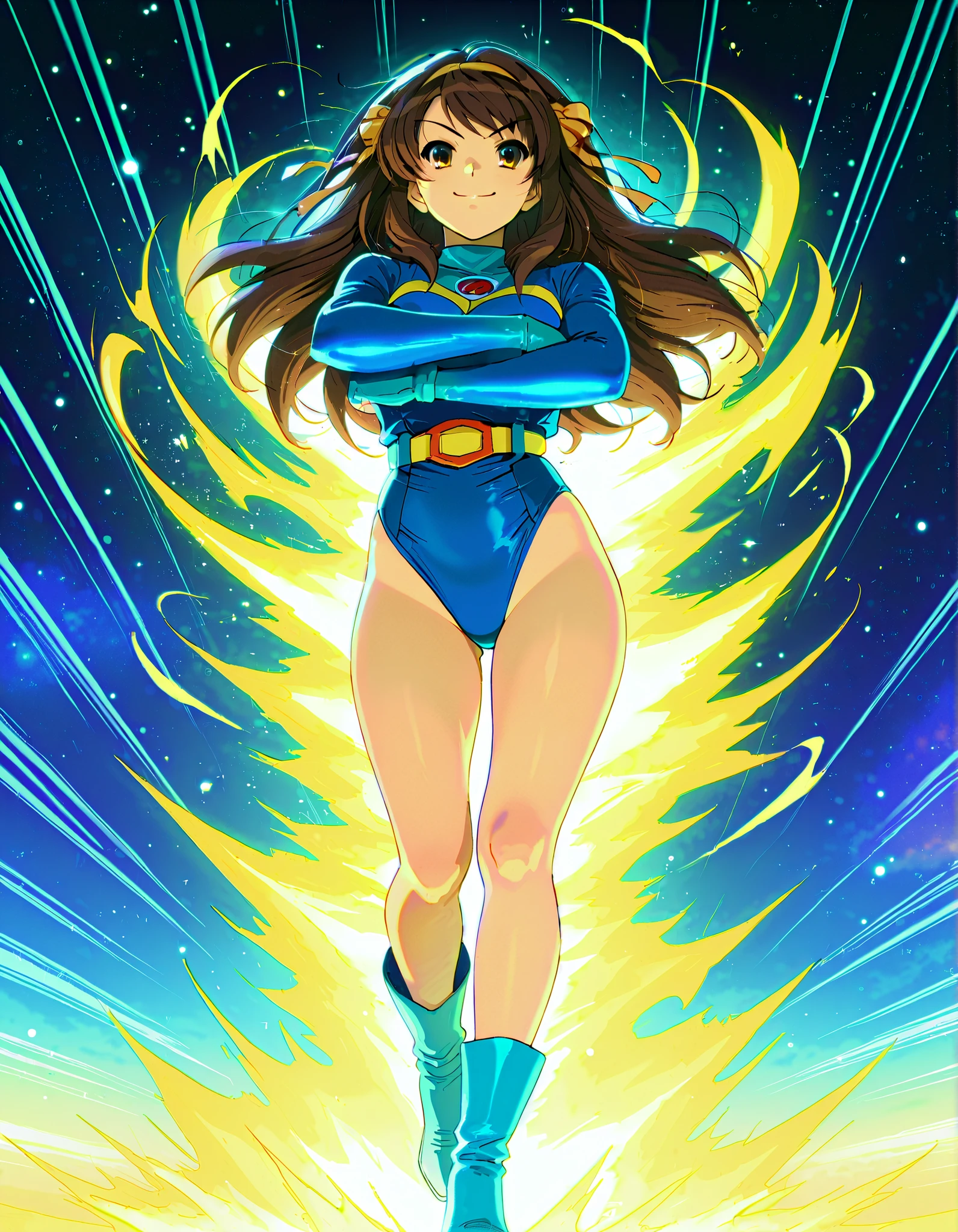 1girl, solo, solo focus, a female superhero spins in place like a tornado, spinning like a tornado, twirling into a cyclone, super-spin, medium breasts, leotard, red and blue leotard, bare legs, boots, matching boots, gloves, matching gloves, brown hair, full body, time travel