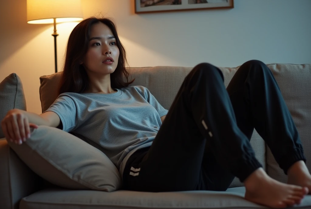 1girl , age19, Solo, Long wavy hair, Full body, facing viewer,  lounging on a sofa, laying down, (extremely detailed 8k wallpaper), cinematic lighting, high quality, low rise sweatpants, grey sweatpants, large oversized t-shirt, Realistic, holding a book in one hand and one soft drink can in another