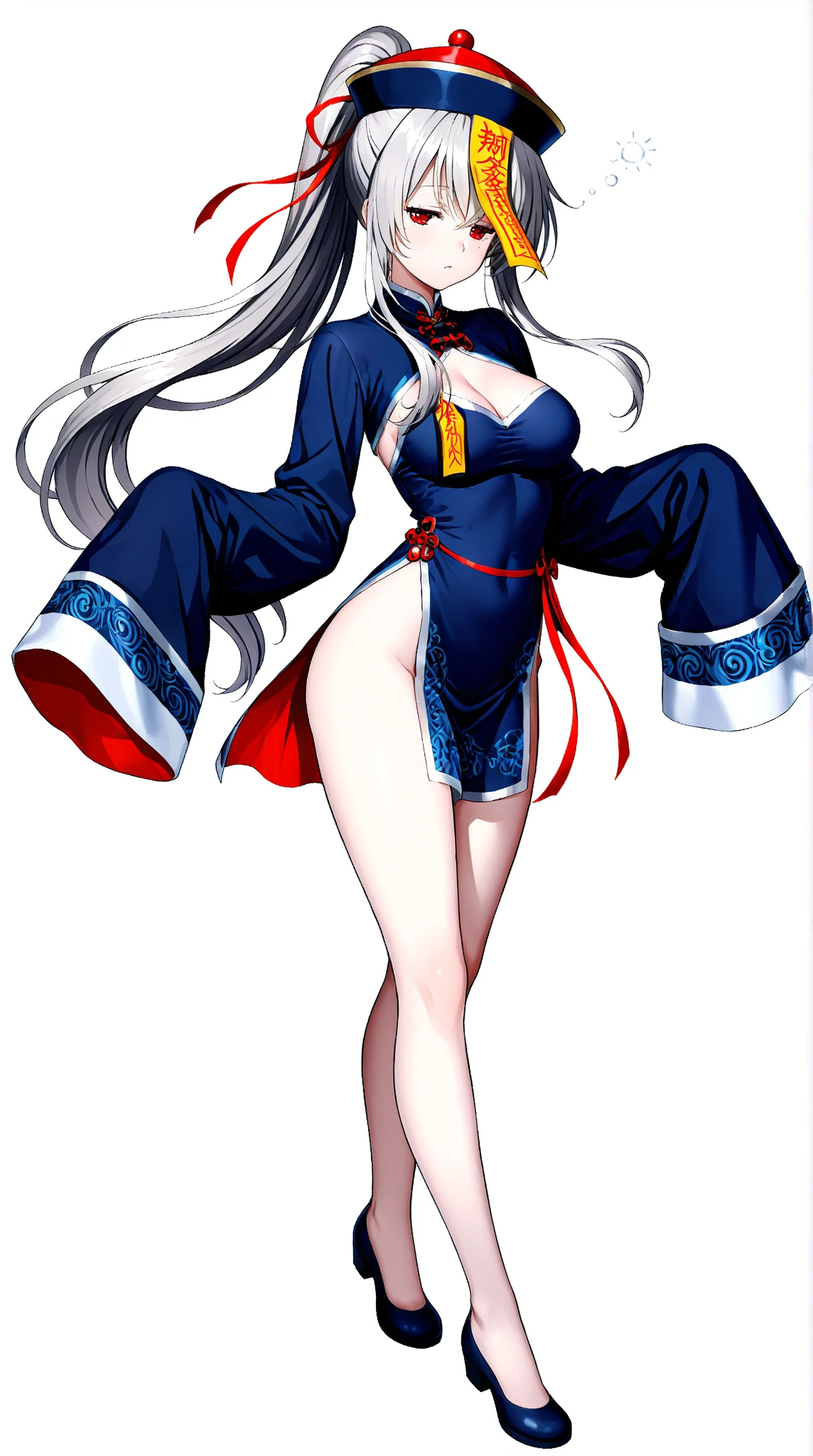 One girl, long hair, slightly large breasts, (slightly large breasts: 1.4), thick thighs, (thick thighs: 1.2), silver hair, golden eyes, frilly hairband, white background, cleavage, exposed shoulders, brown eyes, standing, collarbone, full body, ponytail, thighs, open lips, kimono, shiny, arms up, shiny hair, shiny skin, open bangs, obi, high ponytail, revealing clothing, rope, pelvic curtain, ninja, back view