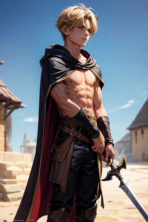 A handsome Galician boy with red eyes, short hair, full body view with a black shirt, medieval clothes and leather boots, sword, blonde hair, yellow hair, open tank top, chest sample