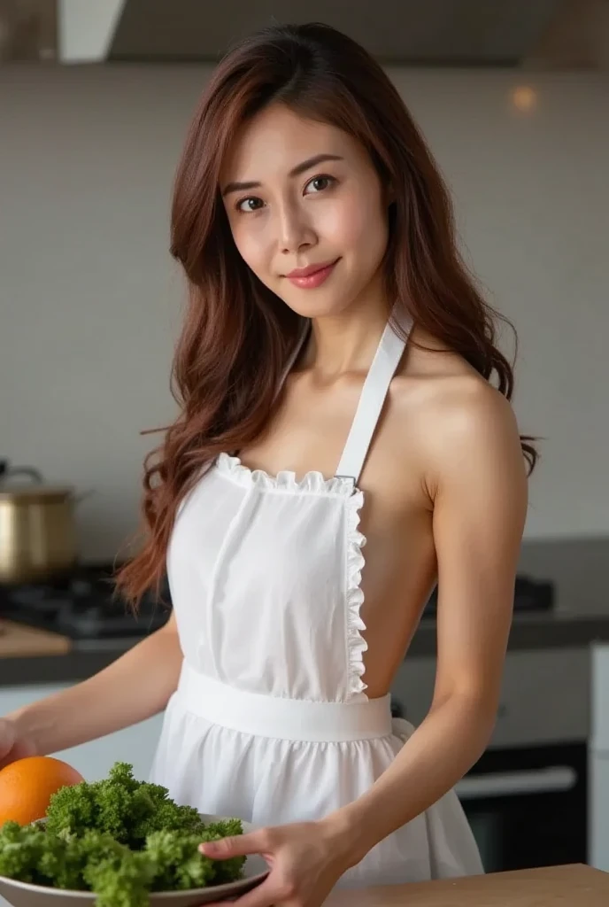 (Best quality, photorealistic, highres, reality, realistic detail), A photo rendered by Ulreal-engine 5.2, from back, close-up portrait, 1 gorgeous young girl, look alike Kaya Scodelario, tall, (slim body shape), slender feminine appearance, (huge breasts), delicate beautiful face, smirk, (((wearing naked apron))), daytime, in kitchen, passionate gaze, cooking.