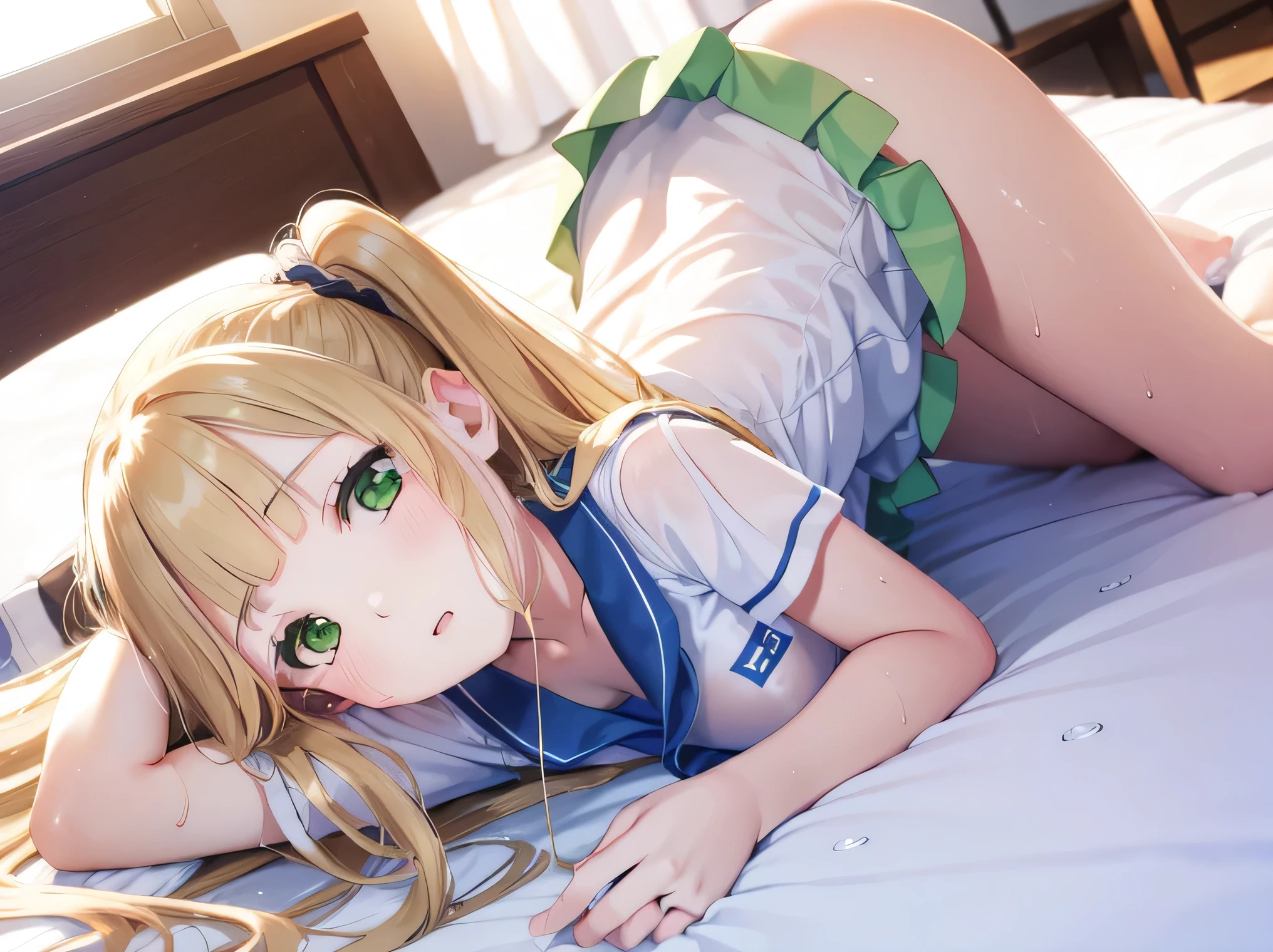 masutepiece, Best Quality,Photorealsitic,NSFW,Detailed Focus:1.3, 1人の女性,School uniform,on the beds,((Lying on your back:1.3)),(Bend your knees and open your legs:1.3) ,White string panties,Looking at Viewer, Cute, medium breasts, Yellow eyes, Pleated skirt with tartan plaid pattern, Yellow hair, Long hair,Beautiful detailed eyes, embarrassed,Late night bedroom background,(Low position shooting 1.5),(Close-up in panties:1.32),Anatomically accurate and perfect face,A detailed face,perfect hand,perfect leg,Detailed skin,Detailed underwear