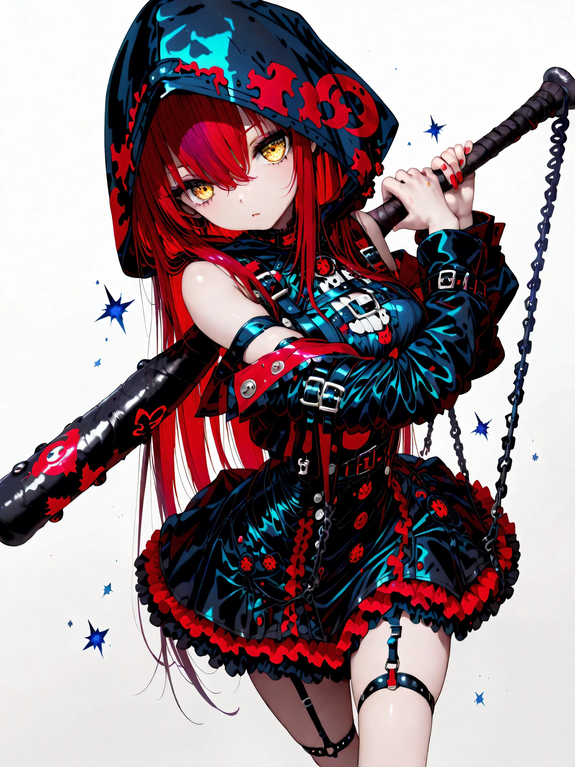 1 girl , golden eyes , very long hair , long sidelocks, red hair ,half updo, petite , very cute , beautiful ,Straight hair, cool, handsome, hair between eyes, sexy, female, medium large breasts, very cute, black and red gothic mini dress, black and red mini dress with frills, emotionless facial expression, black oversize gothic jacket with hood, hood over the head, net suspenders with suspender straps, holding a black baseball bat in her hand, (masterpiece , best quality) , amazing quality , very aesthetic , absurdres , highres , newest , HDR , 8K , cinematic , dynamic angle , off shoulders, simple white background with multicolored purple and blue stars and crescent moon, multiple stars in the background, pastel color, epic pose, dynamic pose, action pose, takes a swing with the baseball bat,