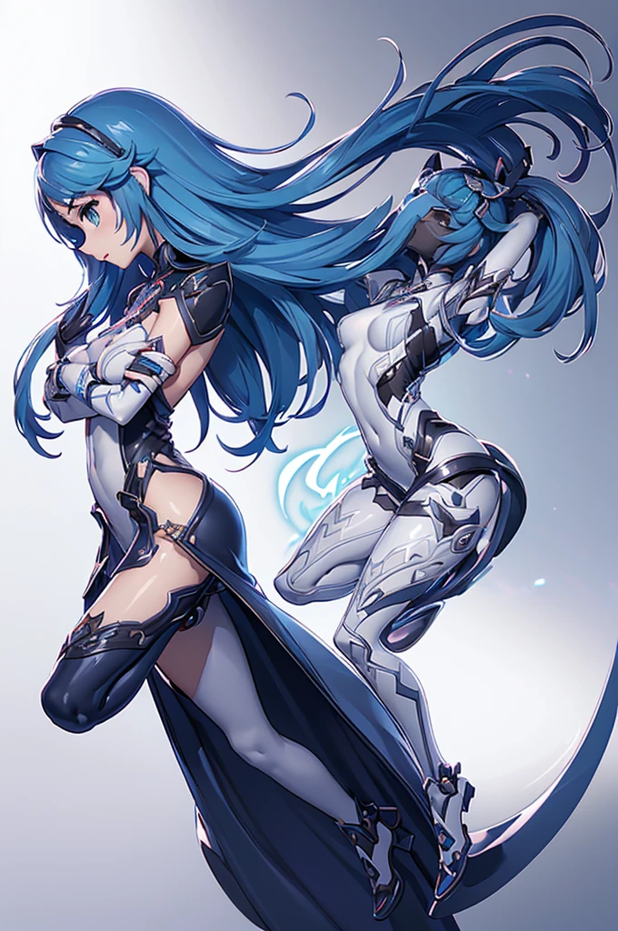 ((Masterpiece, Best Quality)), blue hair, cat tail, Green eyes, White armor, thicc, big breasts, big ass, illustration, ultra-detailed 8K, realistic, clear focus, highly detailed, professional lighting, colorful details, colors BREAK factory super long shot, (1 large mechanical robot), microchip, computer, luminescence, intricate details, shitu-mecha, 1girl downscale standing in front of the viewer, navel, in the bed.