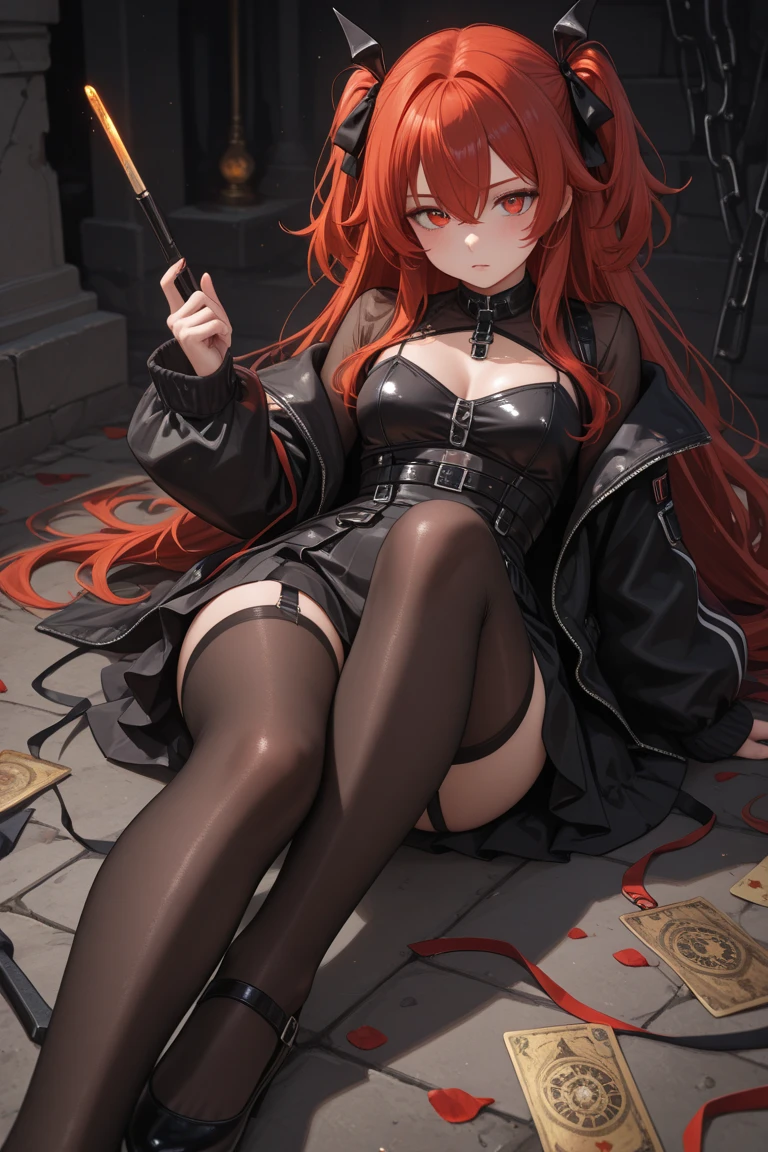 Girl with copper-amber hair, dark green eyes , simple sexy dark clothes, sly facial expression, , on the head there are black small demonic horns, average build , belt art , high detail studio light