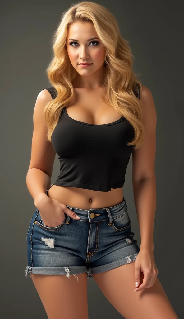 Arafed Woman wearing a black top and denim shorts posing for a photo, sexy girl with shorts, beautiful blonde girl, tight black t-shirt and shorts, cute woman, Beautiful blonde woman, she is wearing a black tank top, perfect body and face, a beautiful blonde, beautiful model girl, curvy model, blonde goddess, dressed in a top and shorts