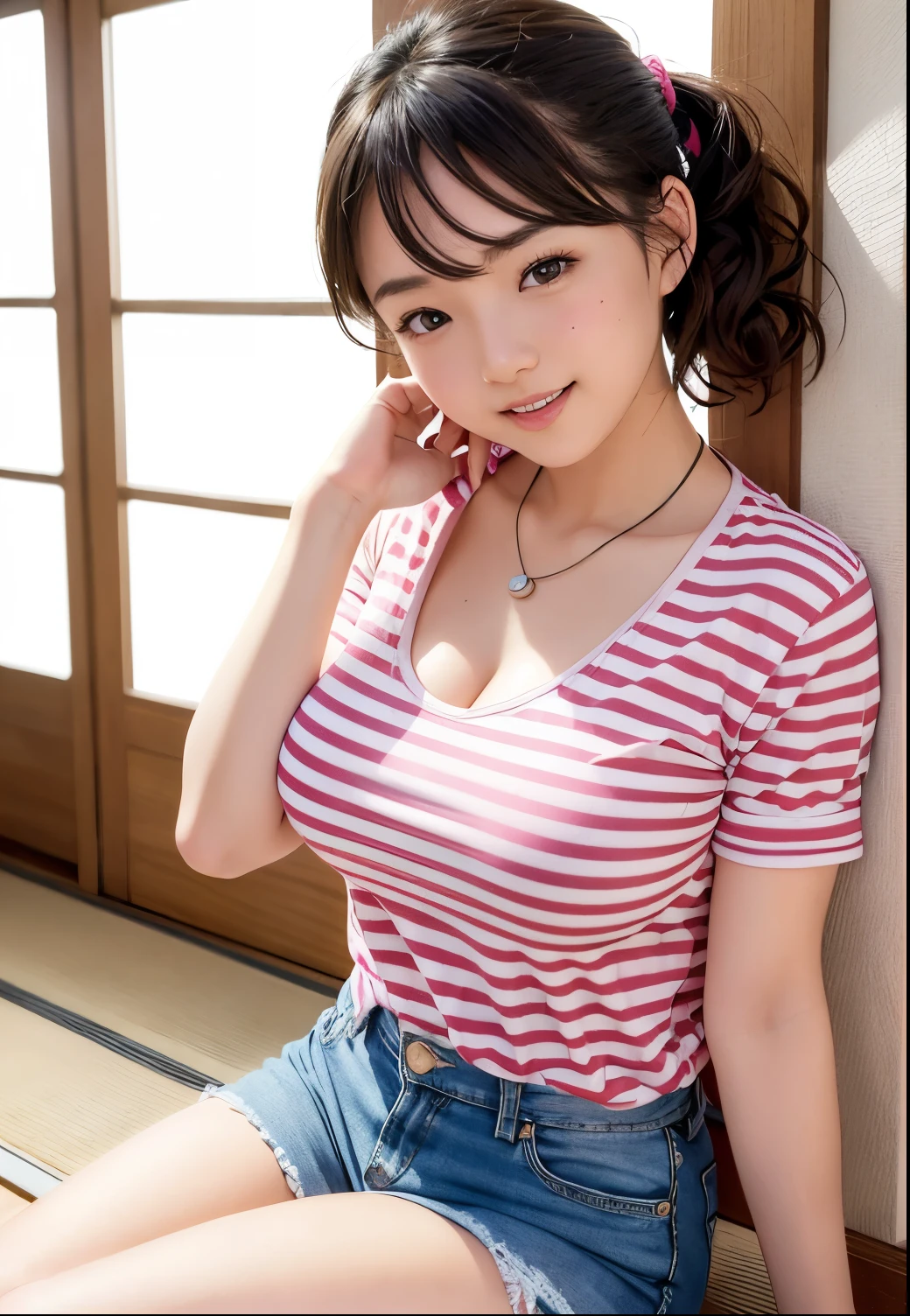(Highest quality,masterpiece:1.3,Ultra-high resolution),(Very detailed、Caustics) (Realistic:1.4, RAW shooting、)Ultra-Realistic Capture、Very detailed、Natural skin texture、masterpiece、(A Japanese elementary school girl wearing a thin satin red tank top and a mini jeans skirt:1.3)、Adorable expression、Expressions of happiness、10 years old、height: 140cm、Baby Face、Pure girl、Amazingly cute、Twin tail hairstyle、Curly Hair、ribbon、Black Hair、Large Breasts、Shining thighs、Shining ass、necklace、Filmed sitting on a sofa in a private room at a sex shop、Background details、smile、An inviting gaze、(Anatomically correct)、Cowboy Shot、Attention to detail、