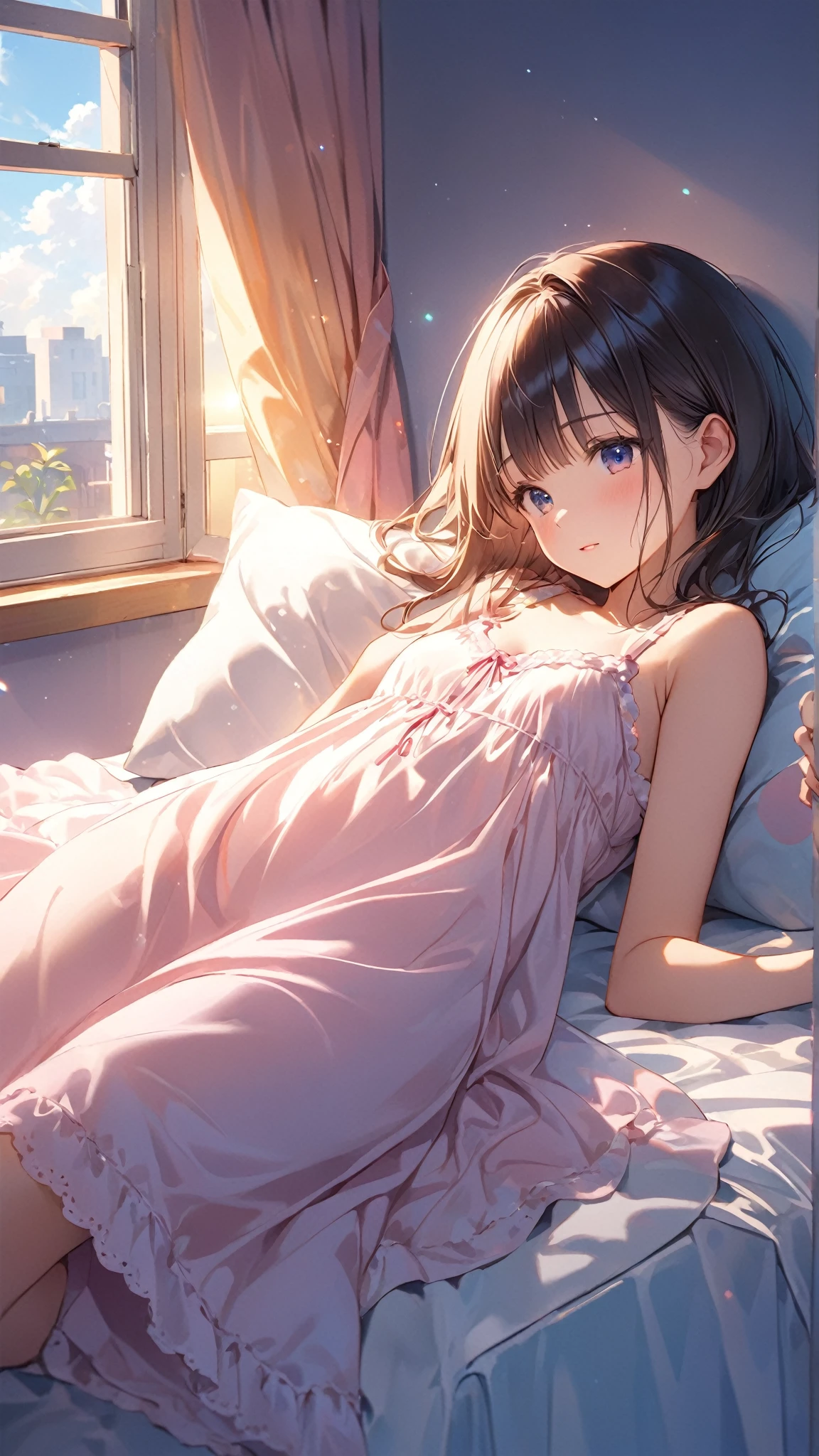 from above,full body,{best quality}, {{masterpiece}}, {highres}, original, extremely detailed 8K wallpaper, 1girl, {an extremely delicate and beautiful},ray tracing,{best quality}, {{masterpiece}}, {highres}, original, extremely detailed 8K wallpaper, {an extremely delicate and beautiful},incredibly_absurdres,colorful,intricate detail,artbook,on bed,indoors,photorealistic,Aestheticism Painting,photo (medium) ,solo,curly_hair,black_hair/black_eyes,facing viewer,looking up,lying on back,arms behind head,orgasm,surprised,wide-eyed,night dress,striped_thighhighs,