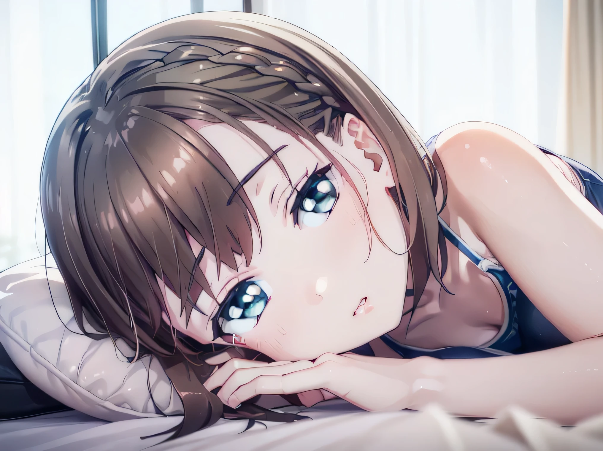 ((beatiful girl:1.3)) ((under wear:1.4)) ((on the bed:1.4)) ((stylish hotel:1.2)) ((sweat:1.5)) best quality,masterpiece,ultra high res,(photorealistic:1.4),raw photo,(Authentic skin texture:1.3),(film grain:1.3),studio strobe photography,detailed skin,panorama,character portrait,very wide shot,narrow waist,cowboy shot,(in the dark, deep shadow, low key, cold light,) night,(()),streaming tears,dust,Tyndall effect,(expression),,beautiful detailed eyes and face,brown eyes, ((full body:)) ((close up:)) ((afterglow)) ((aroused:1.3)) ((wet:1.1)) ((lying down))