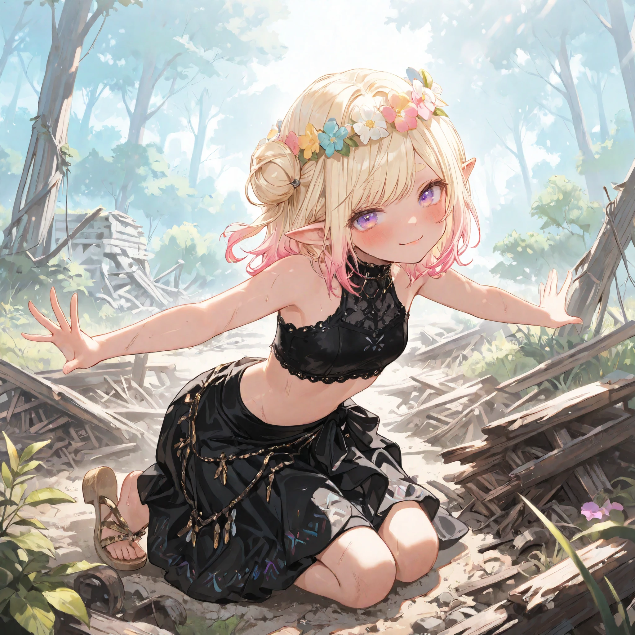 ((Masterpiece)), ((best quality, very aesthetic, absurdres, newest)), (wide shot), (8K), (cinematic lighting), ((1girl)), (cute young girl), (Healthy body, Textured skin, small breast, tilt head), elf ears, Glossy unruly hair, (beautiful blond hair, gradient hair, Pastel colors Hair Tip), (loose swept bangs, side bun), (put on noble head wreath), BREAK, big eyes, (cute cheeks), glossy lips, pouty lips, (lower eyelashes), ((Thin and short eyebrows)), (pale purple eyes, gradient eyes), colorful eyes, (smirk, blush), wavy mouth, (Black Embroidered Tribal black tubetop, medium sarong skirt), Cheesy sandals, bare arms, (spread arms), (colorful:1.2), (loose kneeling the Ruins with flowers and vegetation, Tranquil Place, rotten wood), outdoor, sultry, Beautiful landscape, wind blow, Scattered rubbles,