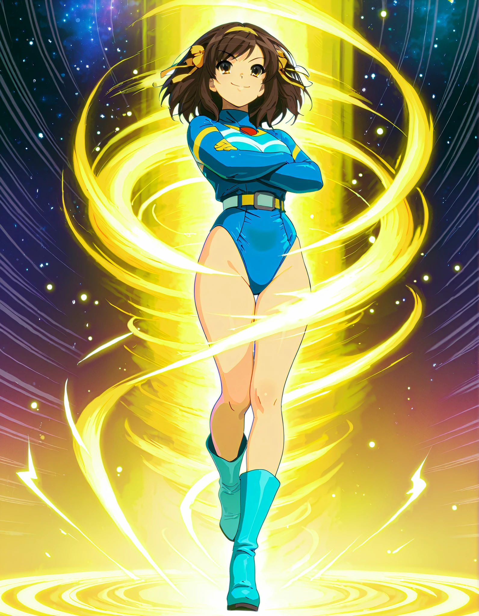 Masterpiece, best quality, high res, 8k, solo, solo focus, 1girl, sysdeep_haruhi, suzumiya haruhi as a superhero, (blue highleg leotard with white accents:1.2), (high waisted belt:1.4, tight belt:1.4), (bare legs:1.4), matching gloves, (matching boots, blue ankle boots:1.2), smile, (her body glowing with a yellow aura:1.2), space background, diffraction spikes, light particles, fix hands. space backdrop. Full-body costume design. (fast spin, dynamic whirl pose, spins fast in place like a tornado, whirls fast in place like a tornado, tornado whirling, spiral lines around her, speed lines around her, spinning blue energy pulses around her, storm winds around her, whirls into a tornado, (she whirls) at (super speeds)). full body costume design. (dynamic energy swirl), curved sword slash. (she super-spins), whirlwind, light particles. (crossed arms). time travel.