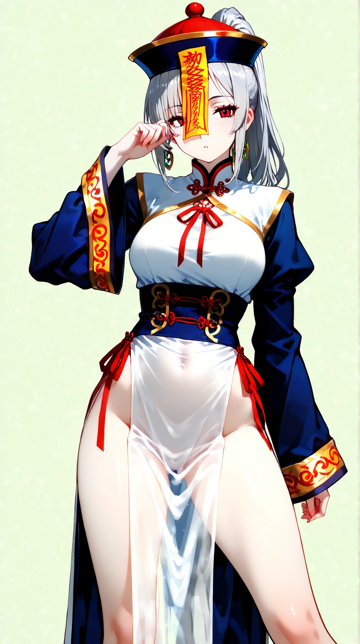 anime girl holding her breasts, mature, milf, side of the nipple showing through clothes, wet clothes, almost see through, lewd mommy, kitsune, kitsune girl, beautiful eyes, seductive, seductive look, seductive smirk, looking down, from below, sadistic, wolf features, horny, wardrobe malfunction, a detailed painting inspired by Nishikawa Sukenobu, pixiv, process art, azur lane style, from the azur lane videogame, oppai, revealing clothes, fine details. girls frontline, holding a pudica pose, ( ( extreme detail ) ),