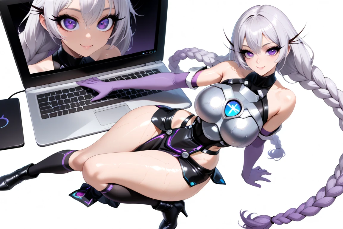 Big Breasts、cable、Milking machine、Heart Helmet、Glowing Helmet、Futuristic chairs、whole body、Ultra-detailed illustrations、Purple Leotard、Ultra-precise expression、masterpiece、Highest quality、ultra High resolution、High resolution、Hiromitsu Takeda Style、White background、Simple Background、whole body、solo、Vulgar expression、(Mash Kyrielight、light purple hair,short hair,hair over one eyes、Purple long gloves、purple heel boots)、ahegao、Sit in a black chair、Constraints、brainwashing、Tied to a chair、