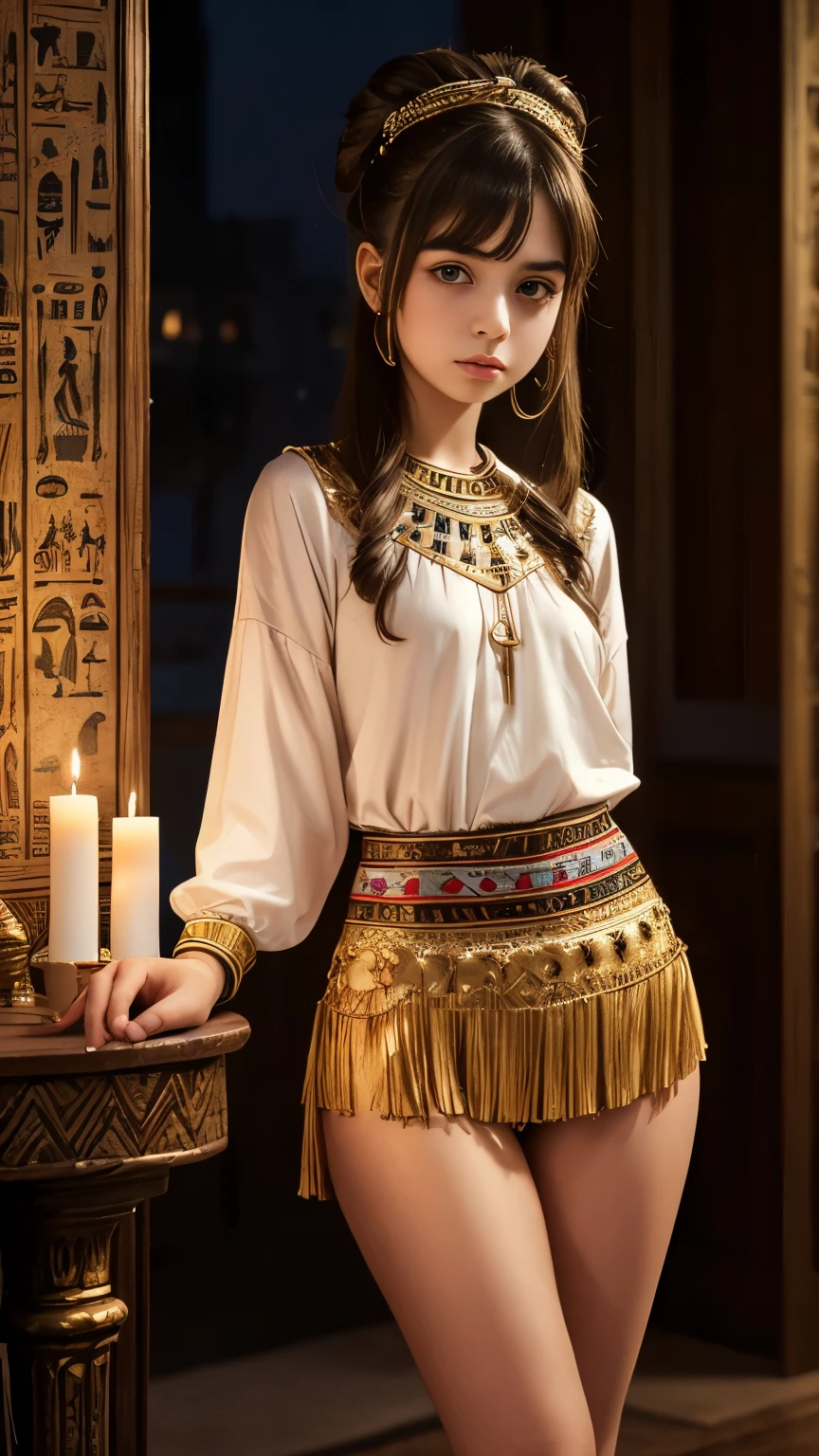 8K, ultra high detailed Egyptian small girl, bun hair, impressive hairstyle, detailed big eyes, detailed lips, small girl, she has thick thighs, short height, little innocent face , Small girl, Standing small girl, wearing Egypt traditional old clothes in the style of year 1000, Background: candle night room, small girl , big eyes