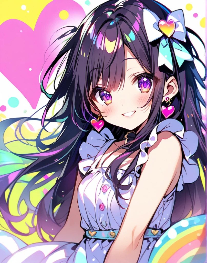 (masutepiece, Best Quality), ((1girl in, (maturefemale) Long hair), (star-shaped pupils, +_+, symbol-shaped pupils, Sparkling eyes), (Cat ears, open open mouth)), (Looking at Viewer, lightsmile, off shoulders), (Abstract, multicolored background, Abstract background, chromatic abberation),a smile,